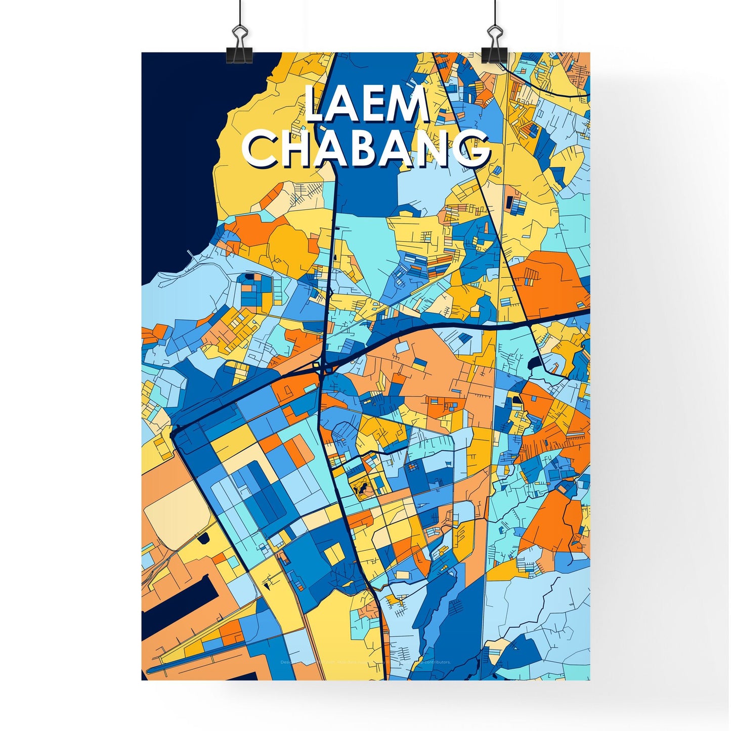 LAEM CHABANG THAILAND Vibrant Colorful Art Map Poster Blue Orange