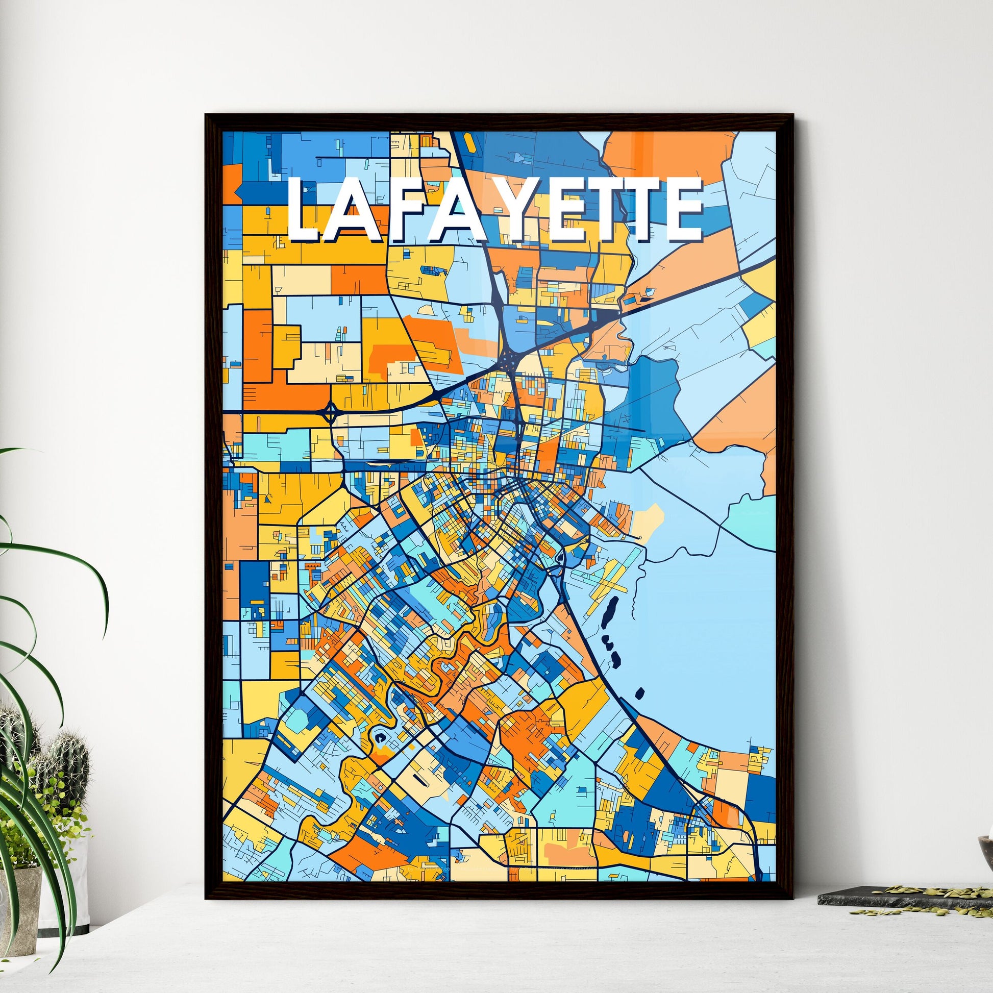 LAFAYETTE LOUISIANA Vibrant Colorful Art Map Poster Blue Orange