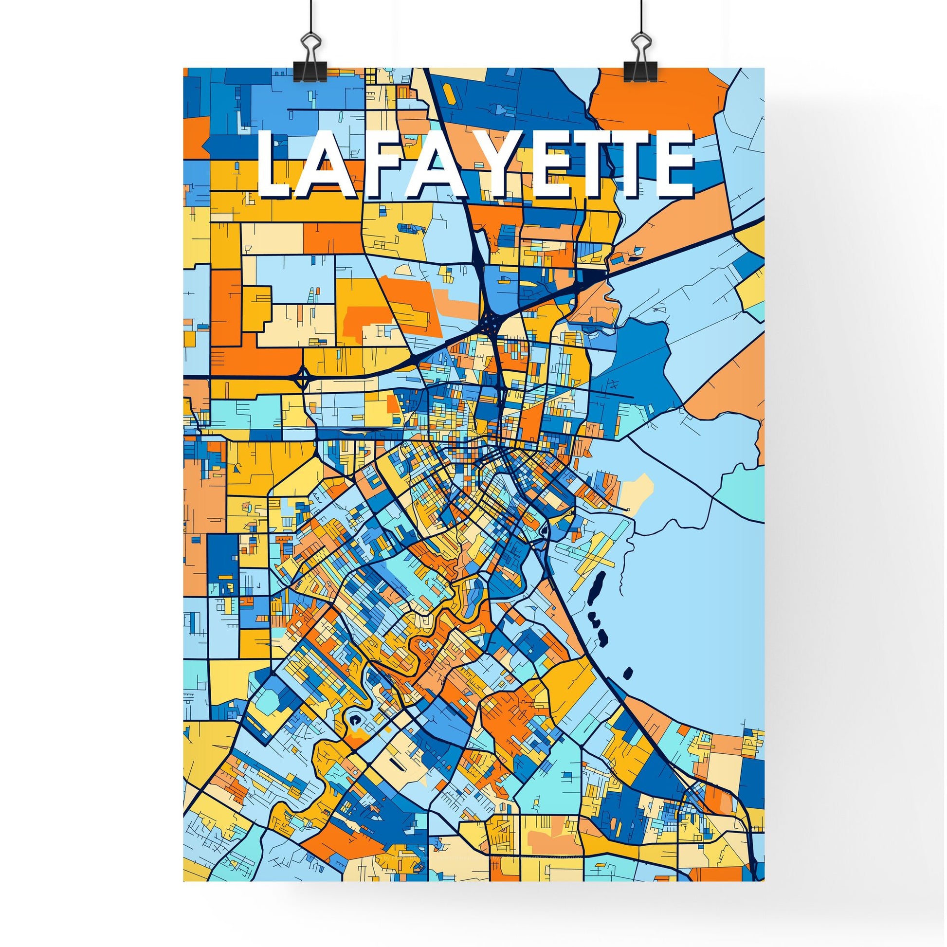 LAFAYETTE LOUISIANA Vibrant Colorful Art Map Poster Blue Orange