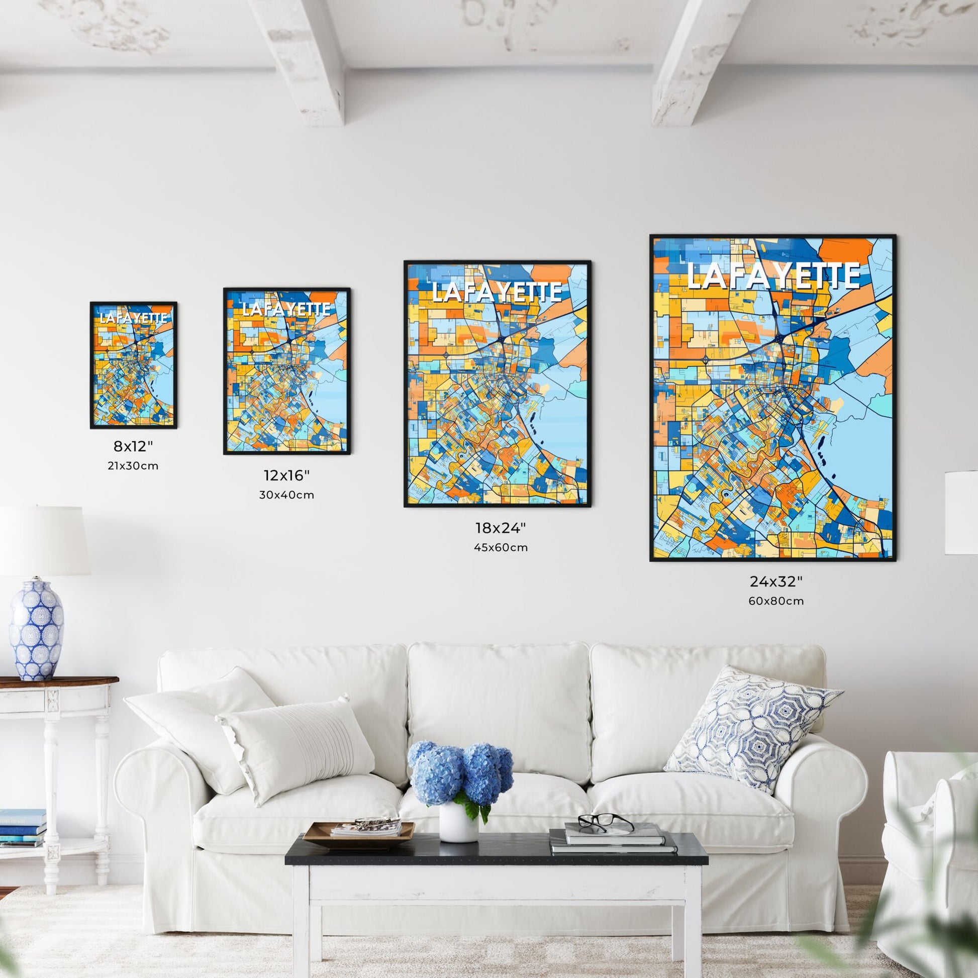 LAFAYETTE LOUISIANA Vibrant Colorful Art Map Poster Blue Orange