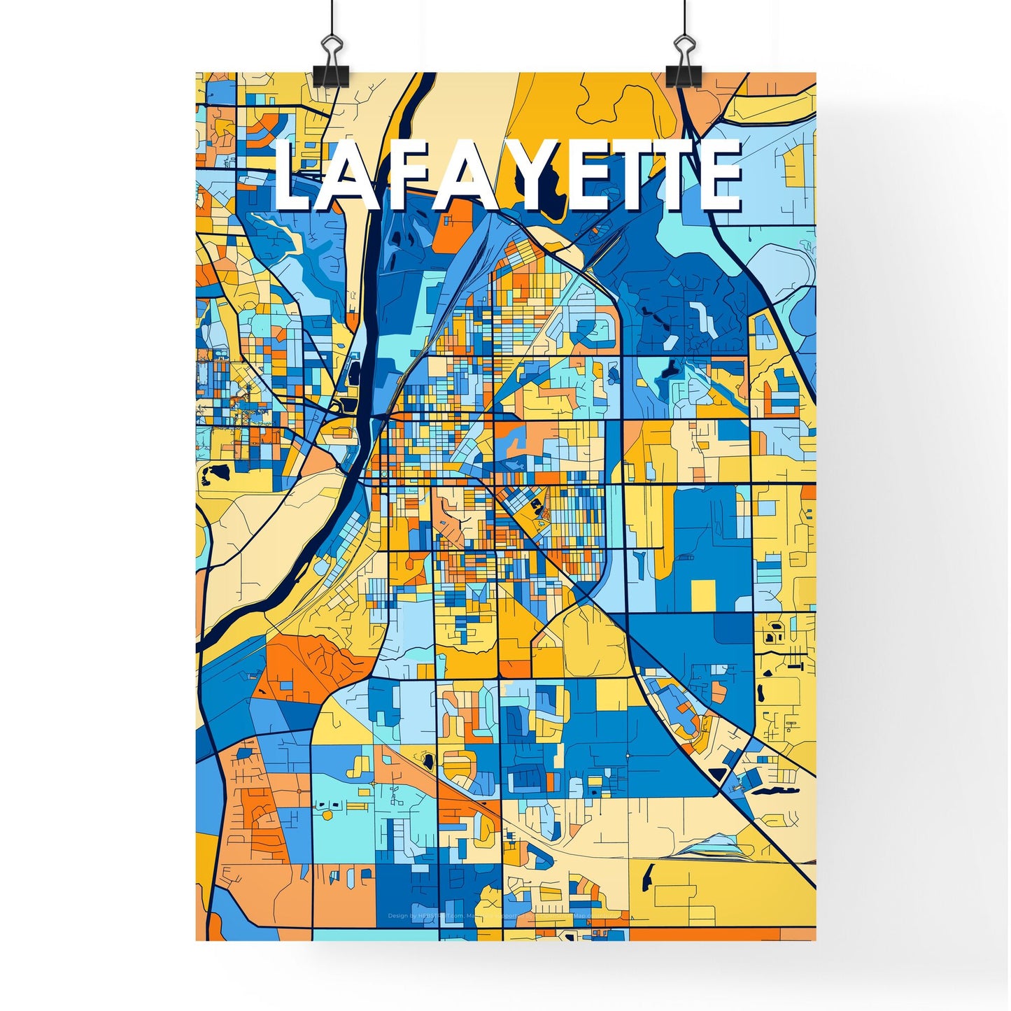 LAFAYETTE INDIANA Vibrant Colorful Art Map Poster Blue Orange