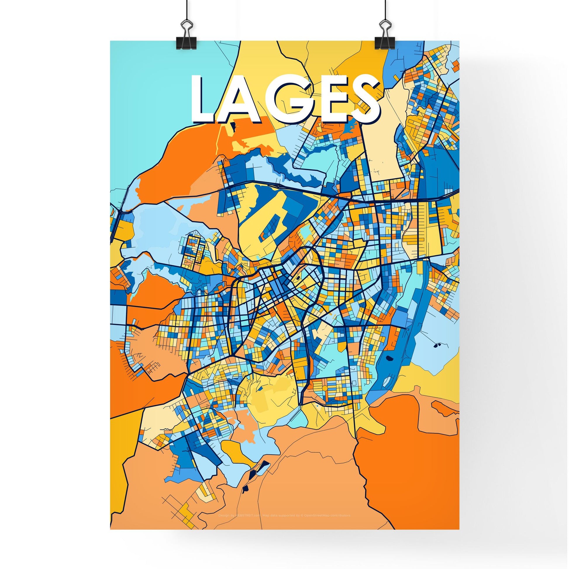 LAGES BRAZIL Vibrant Colorful Art Map Poster Blue Orange