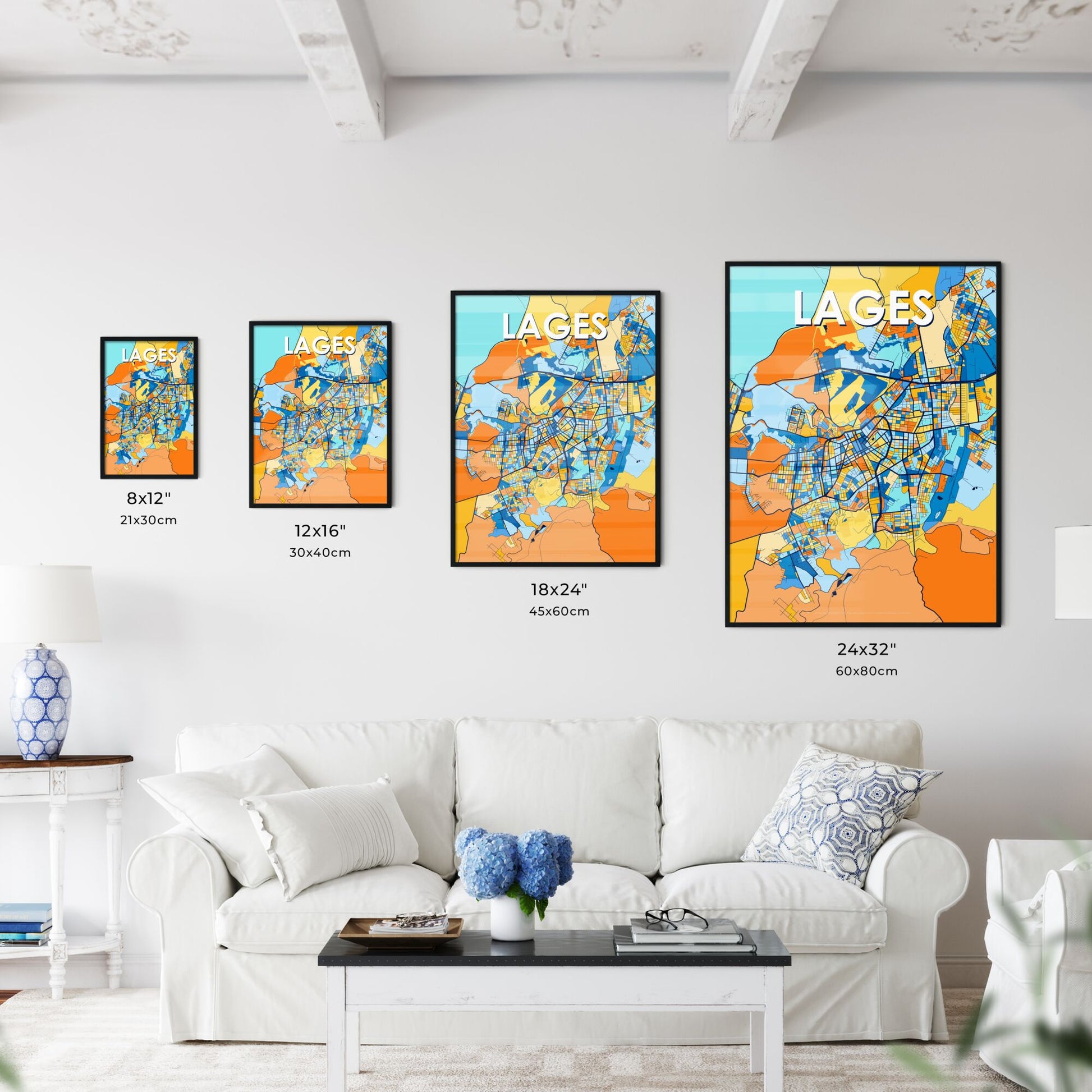 LAGES BRAZIL Vibrant Colorful Art Map Poster Blue Orange