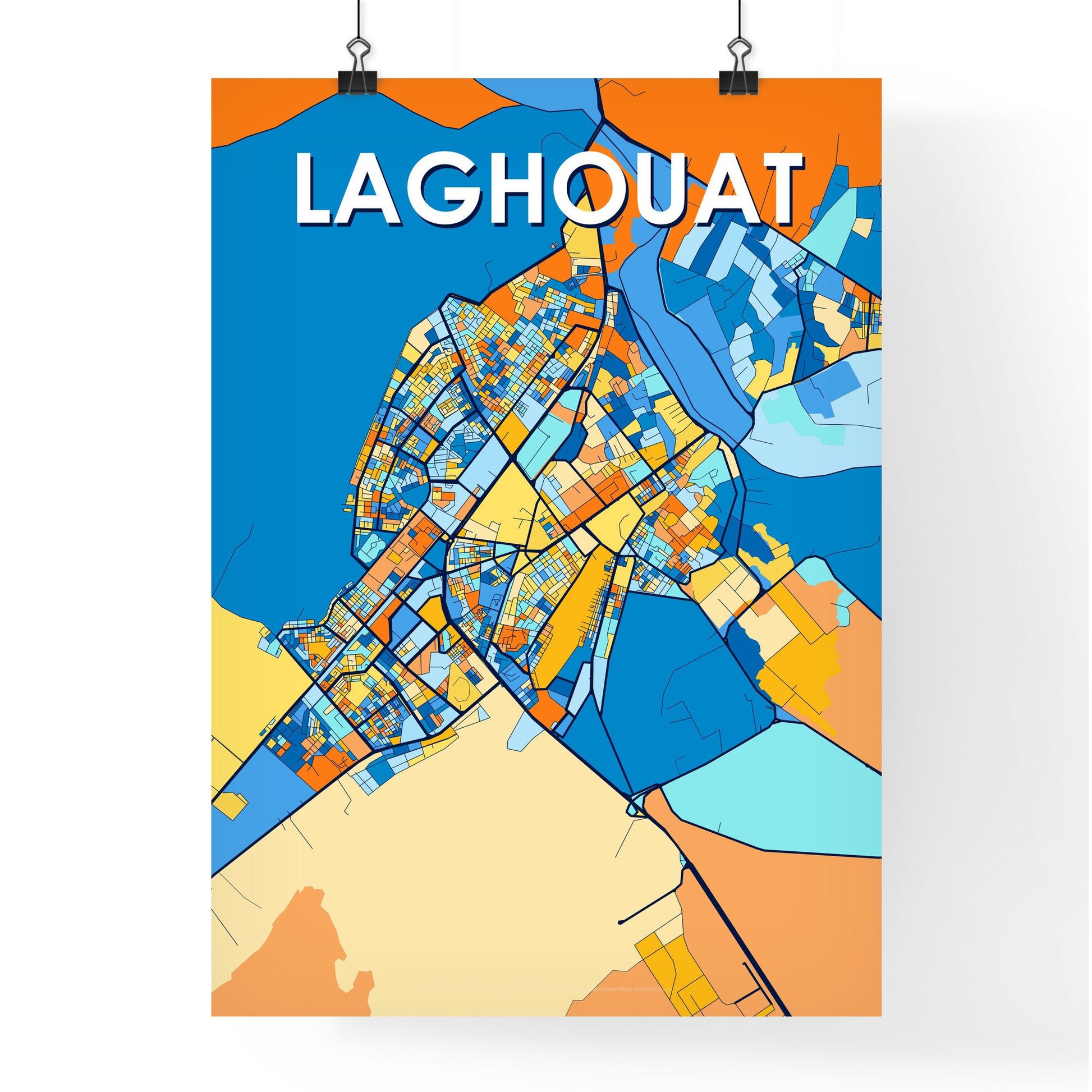 LAGHOUAT ALGERIA Vibrant Colorful Art Map Poster Blue Orange