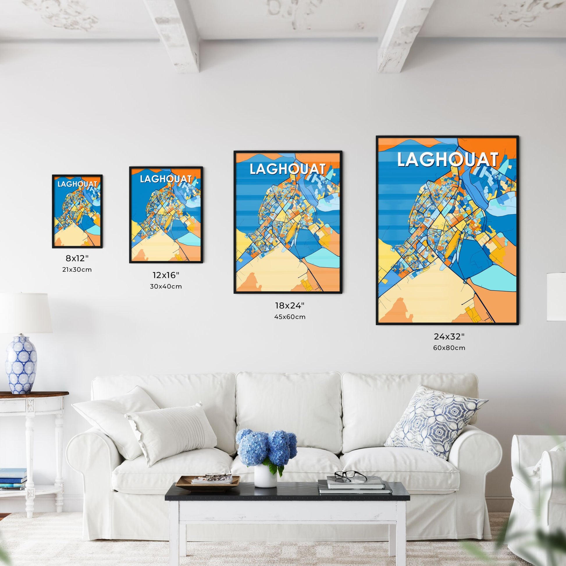 LAGHOUAT ALGERIA Vibrant Colorful Art Map Poster Blue Orange