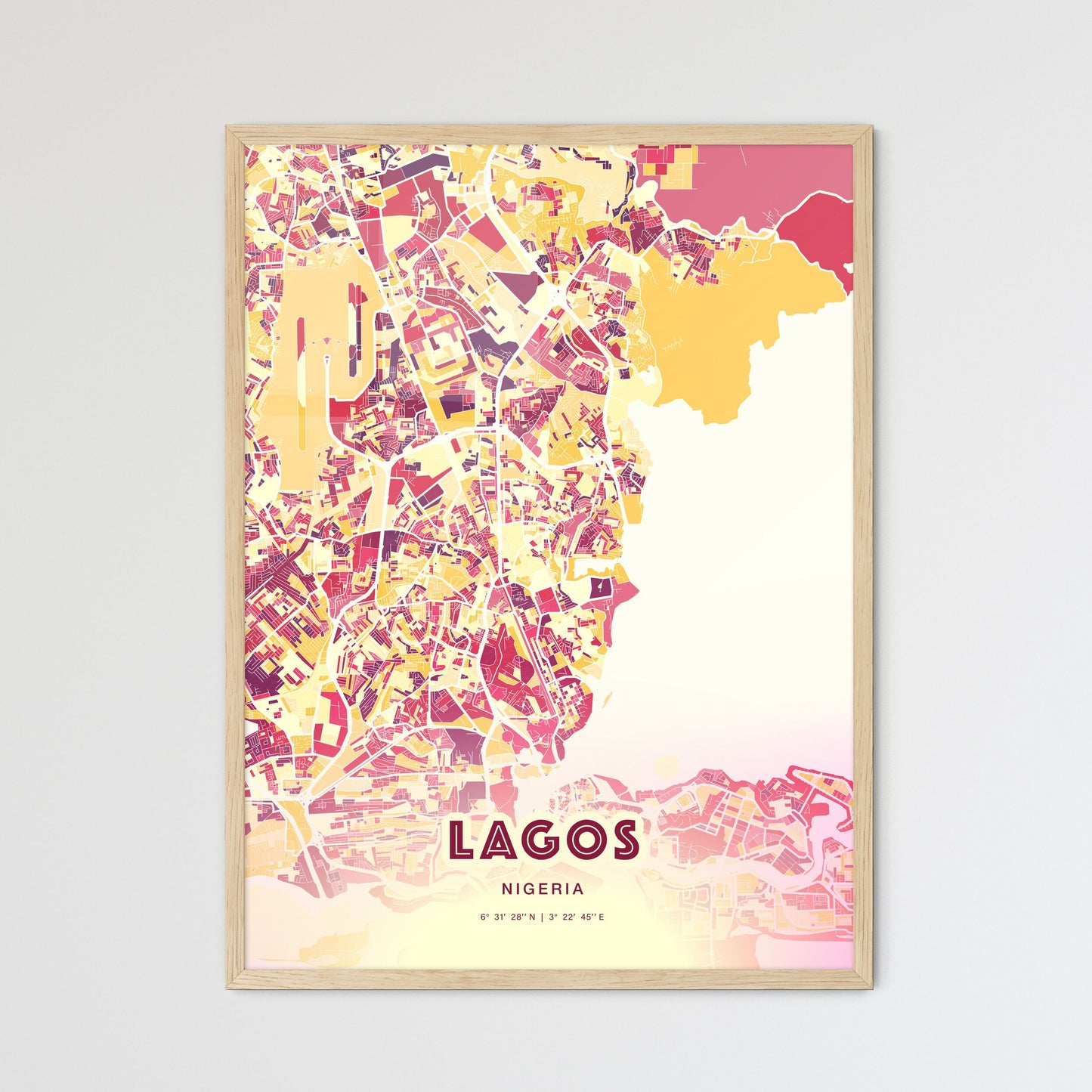 Colorful Lagos Nigeria Fine Art Map Hot Red