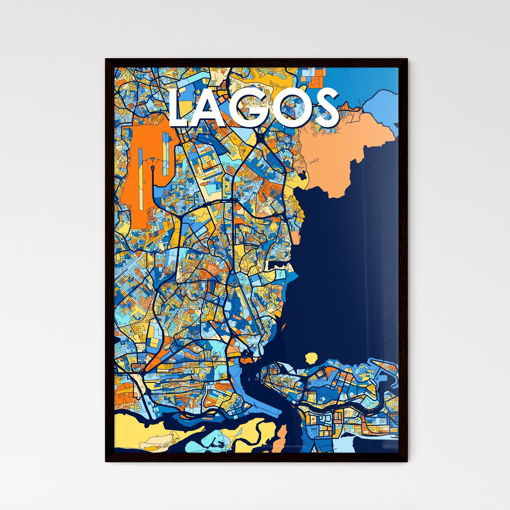 LAGOS NIGERIA Vibrant Colorful Art Map Poster Blue Orange