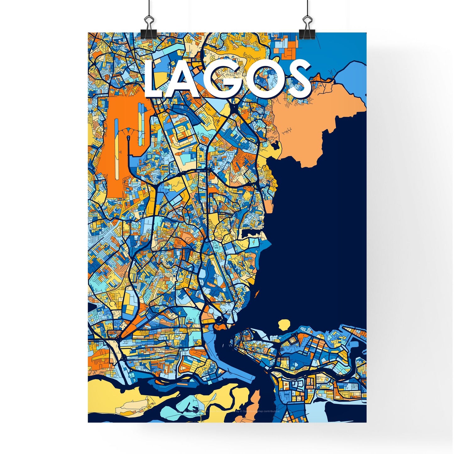 LAGOS NIGERIA Vibrant Colorful Art Map Poster Blue Orange