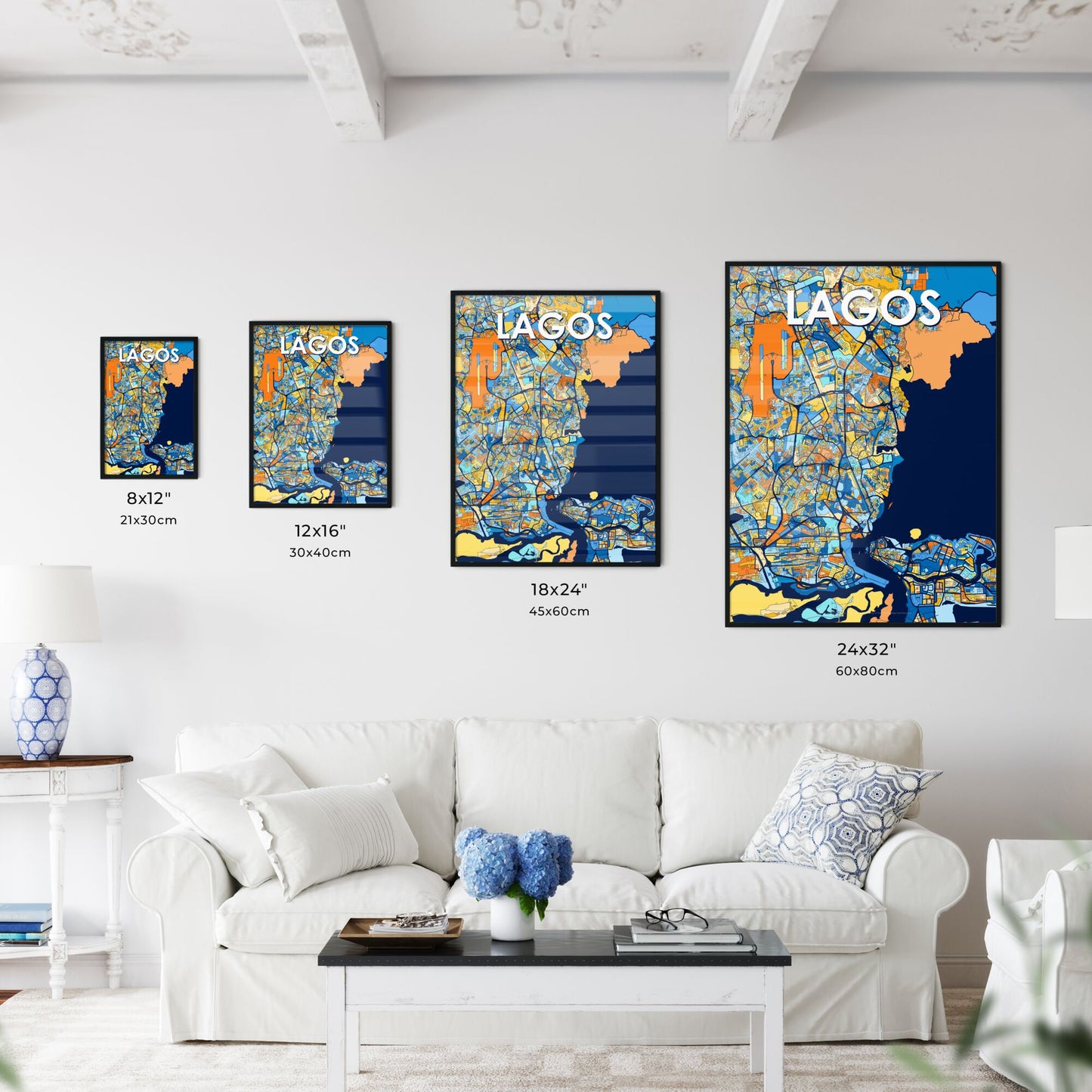 LAGOS NIGERIA Vibrant Colorful Art Map Poster Blue Orange