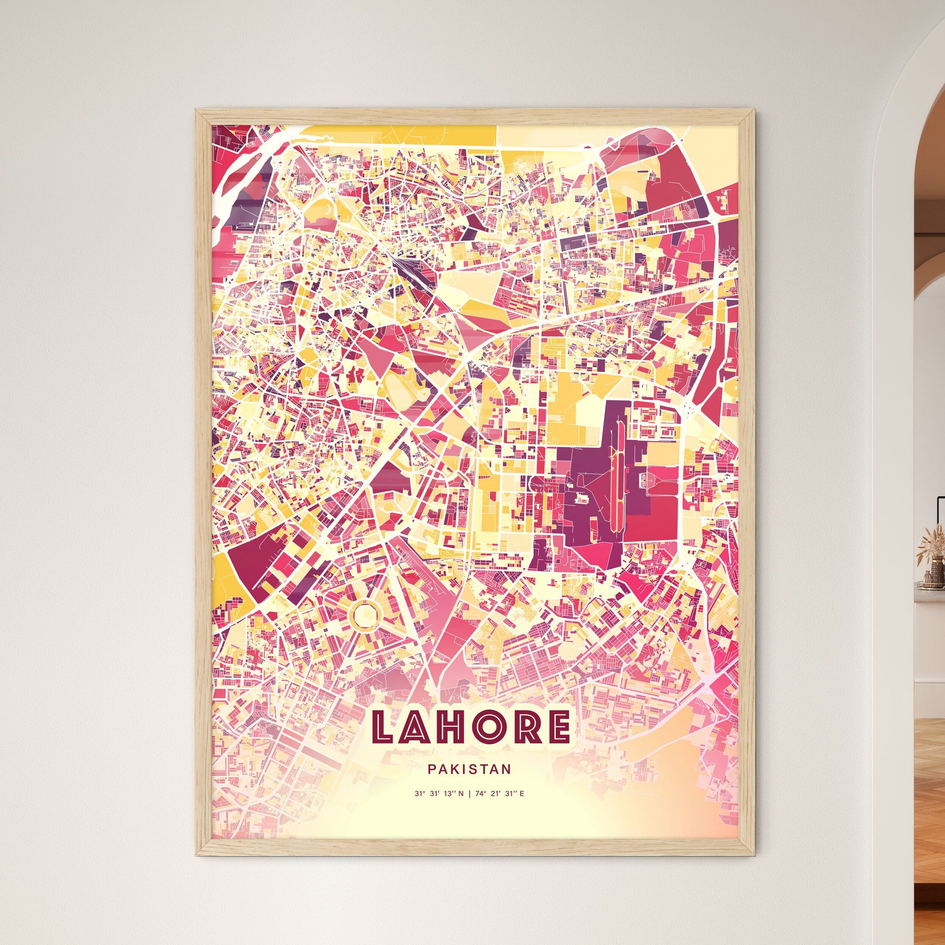 Colorful Lahore Pakistan Fine Art Map Hot Red