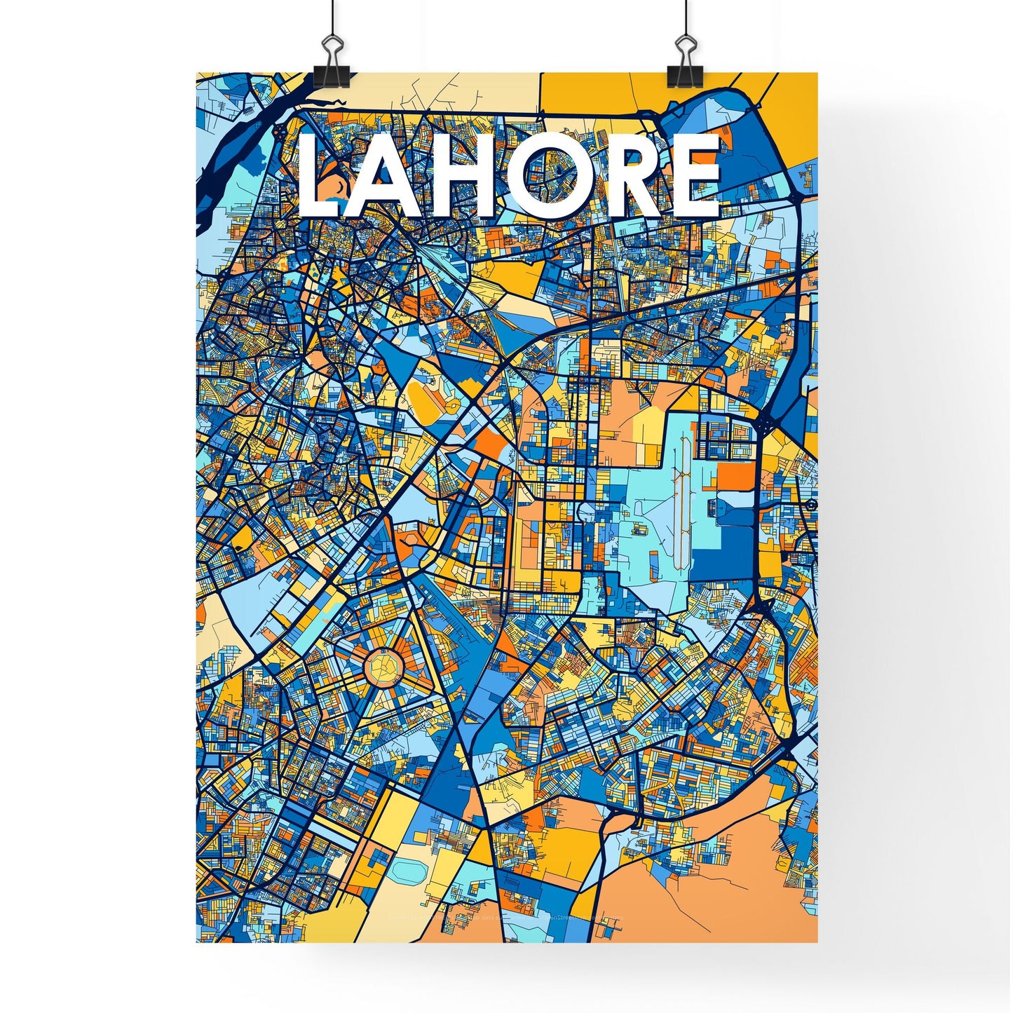 LAHORE PAKISTAN Vibrant Colorful Art Map Poster Blue Orange