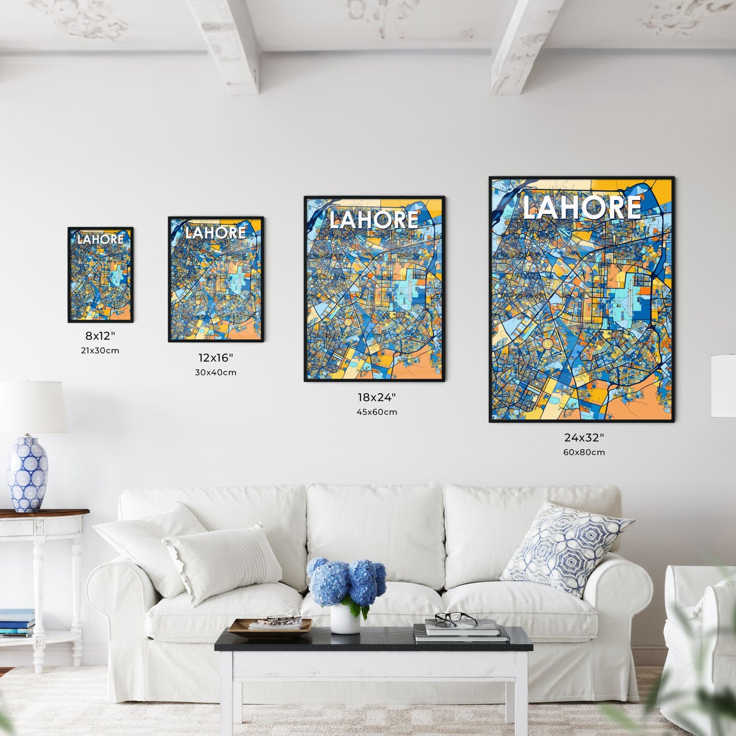 LAHORE PAKISTAN Vibrant Colorful Art Map Poster Blue Orange