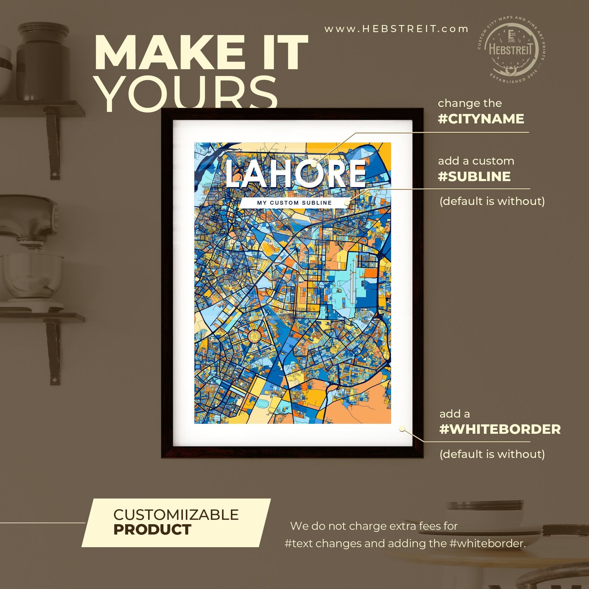 LAHORE PAKISTAN Vibrant Colorful Art Map Poster Blue Orange