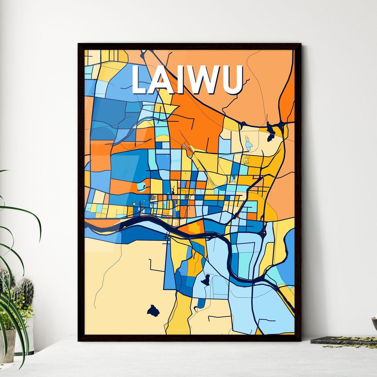 LAIWU CHINA Vibrant Colorful Art Map Poster Blue Orange