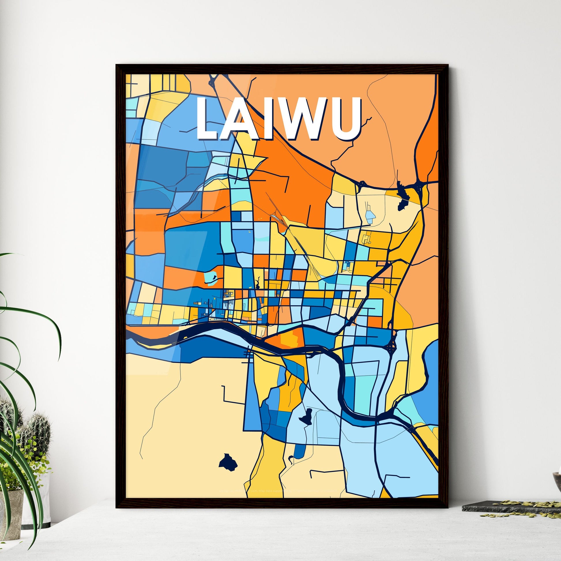 LAIWU CHINA Vibrant Colorful Art Map Poster Blue Orange