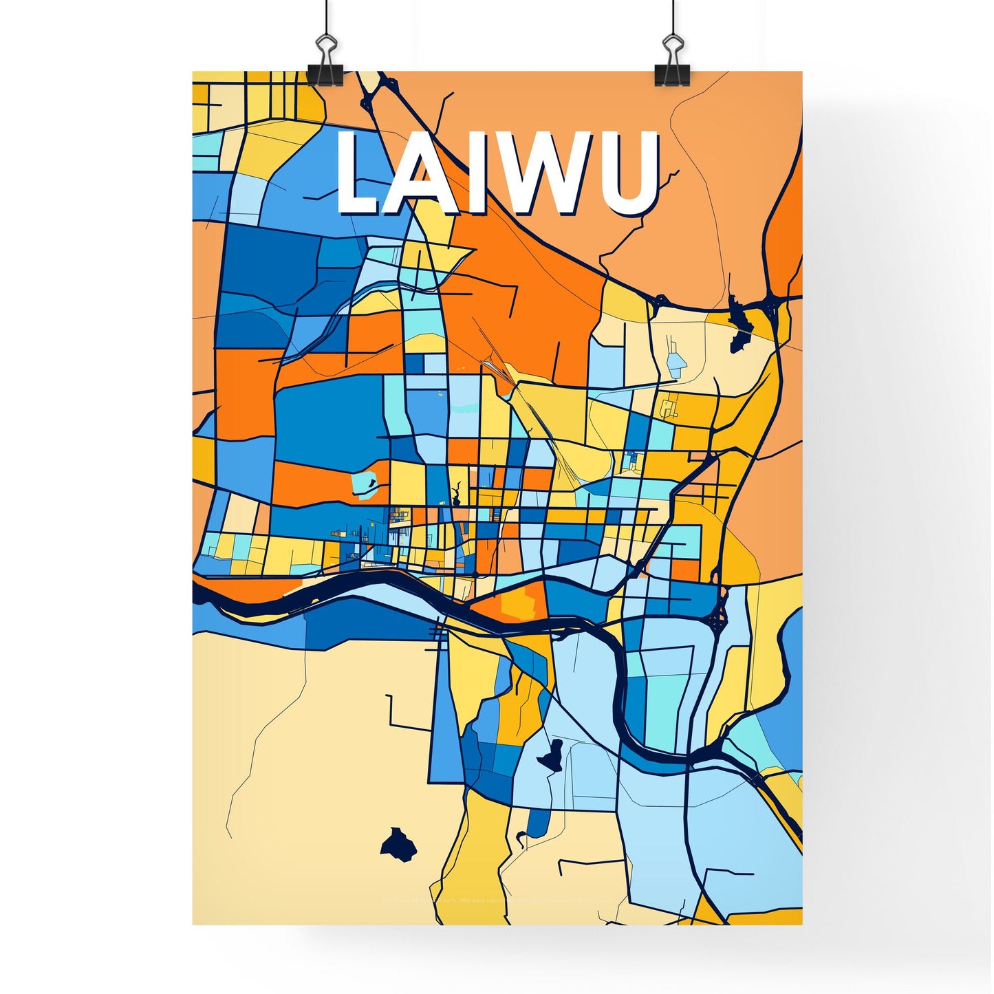 LAIWU CHINA Vibrant Colorful Art Map Poster Blue Orange