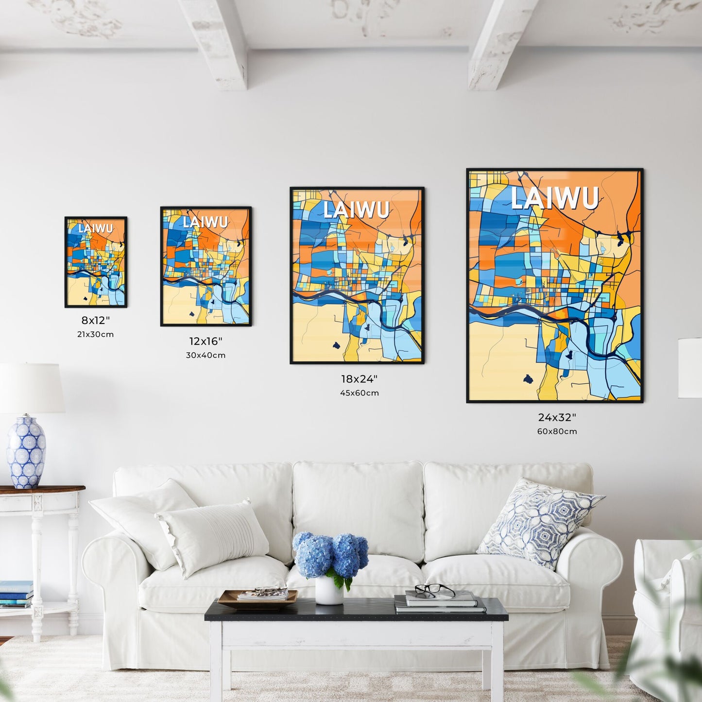 LAIWU CHINA Vibrant Colorful Art Map Poster Blue Orange