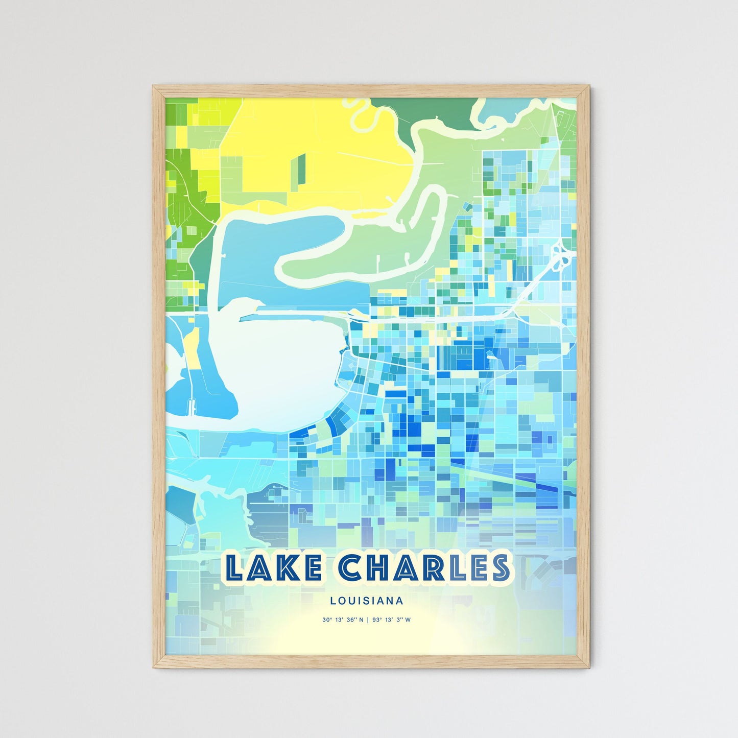 Colorful Lake Charles Louisiana Fine Art Map Cool Blue