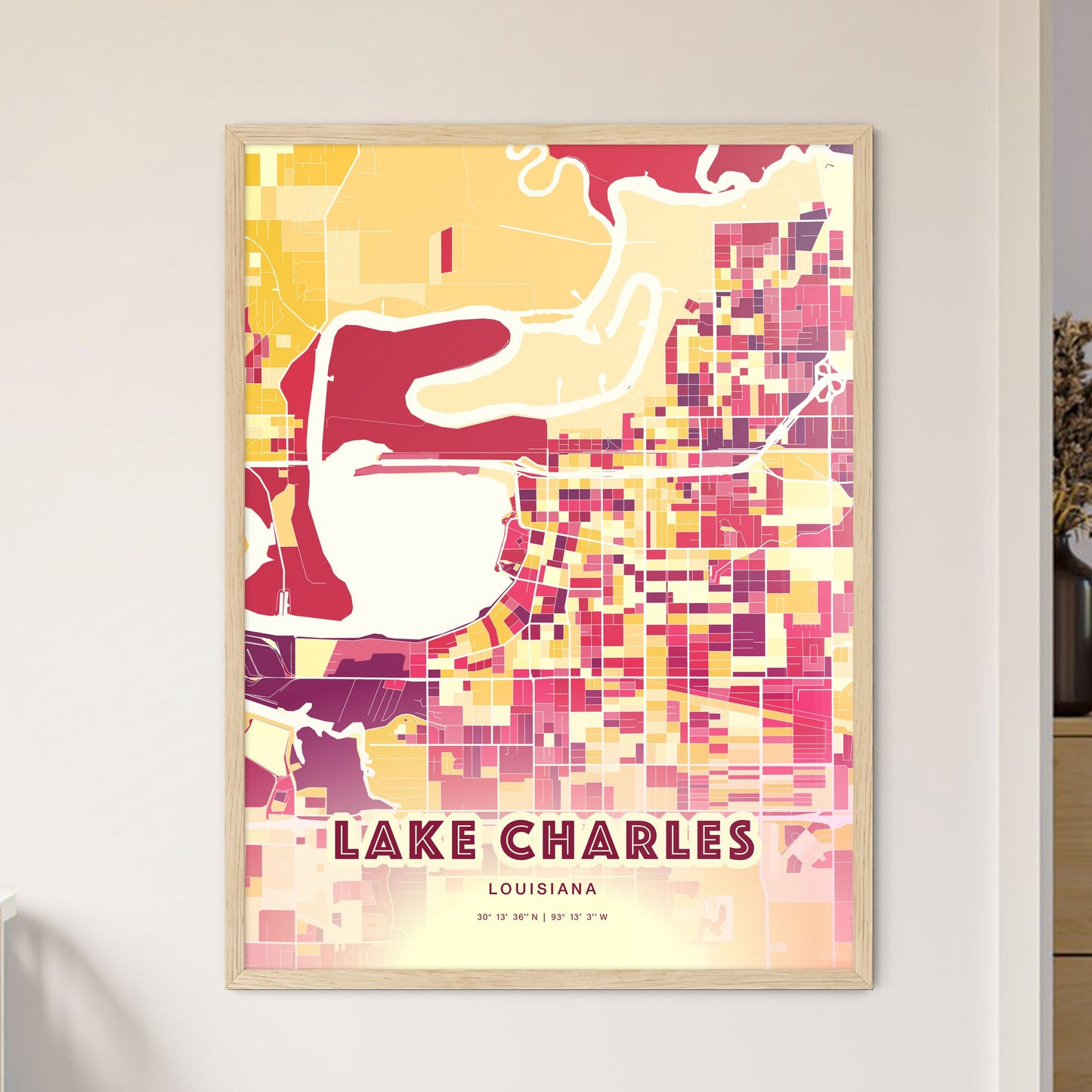 Colorful Lake Charles Louisiana Fine Art Map Hot Red