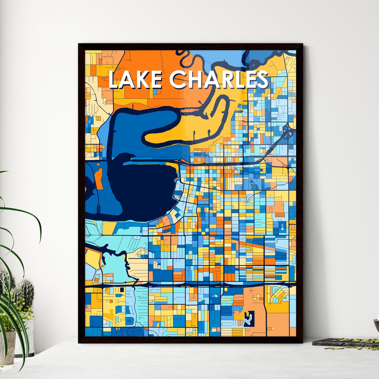 LAKE CHARLES LOUISIANA Vibrant Colorful Art Map Poster Blue Orange