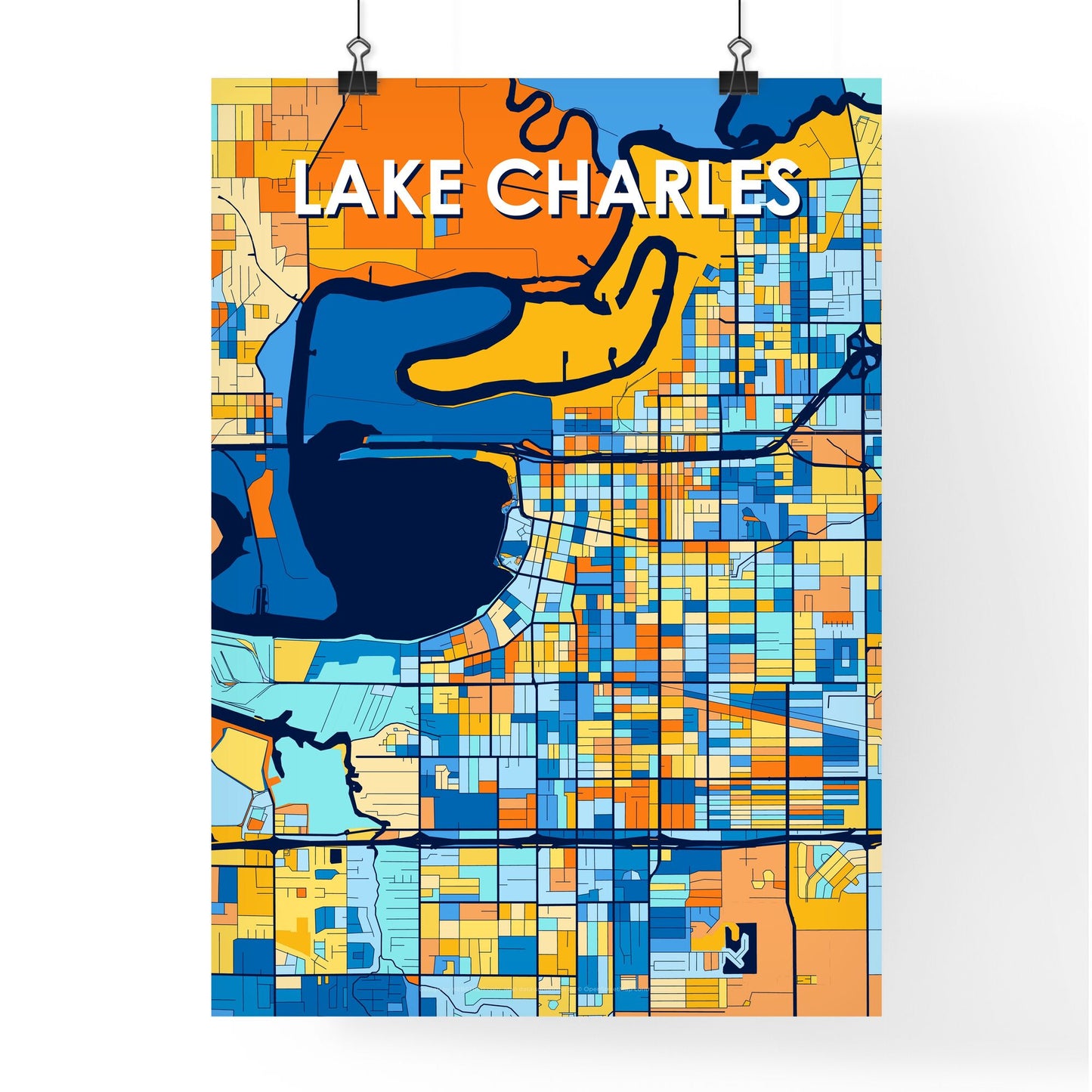 LAKE CHARLES LOUISIANA Vibrant Colorful Art Map Poster Blue Orange