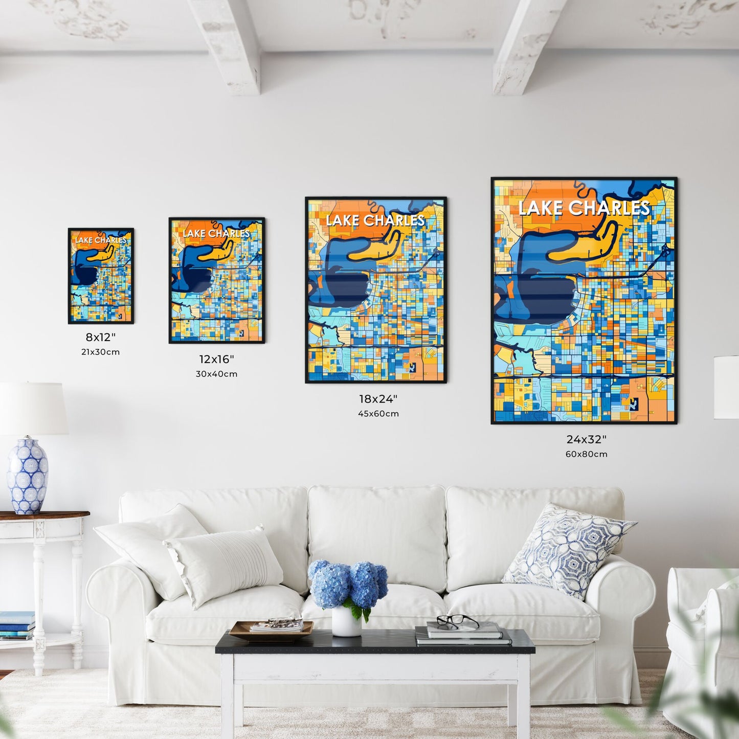 LAKE CHARLES LOUISIANA Vibrant Colorful Art Map Poster Blue Orange