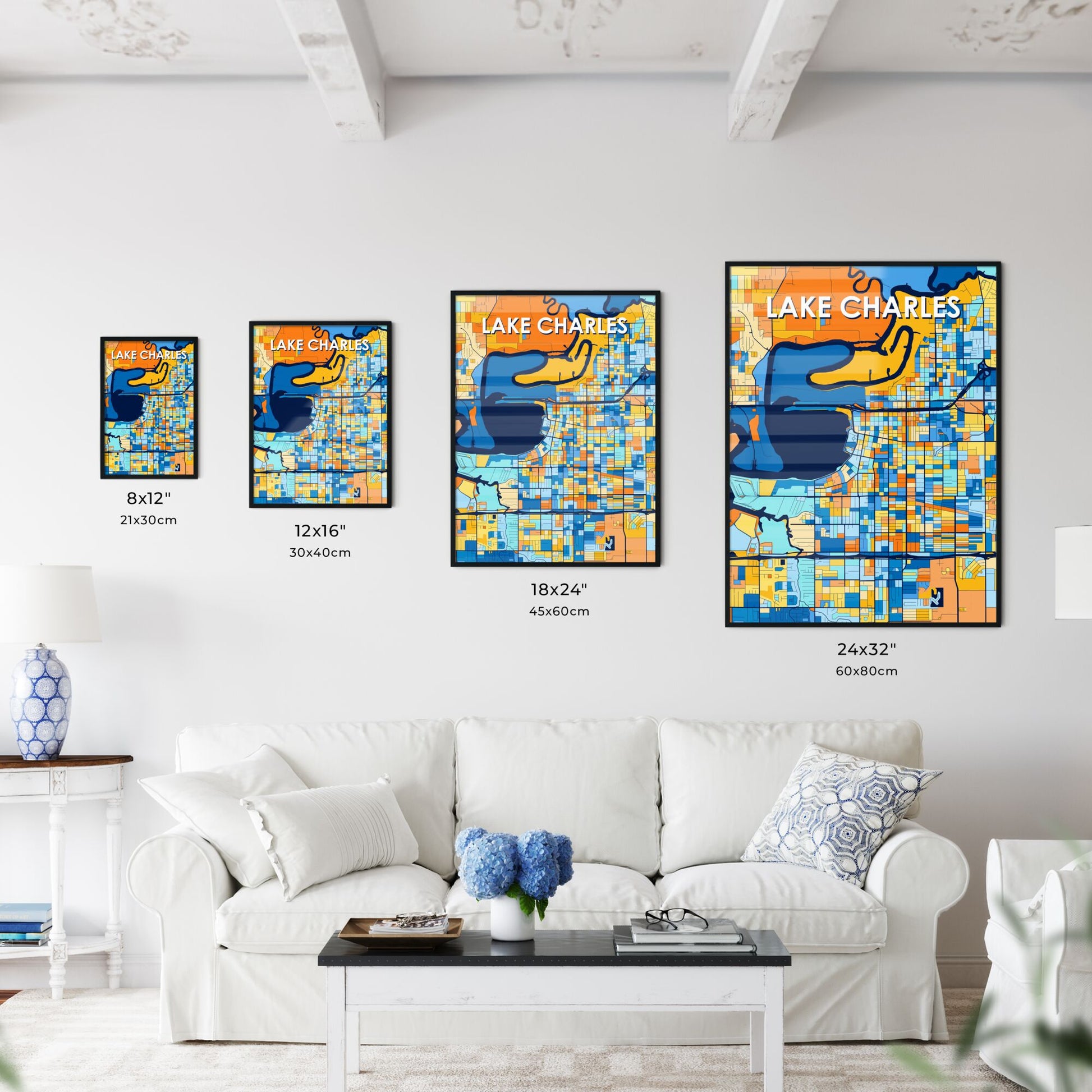 LAKE CHARLES LOUISIANA Vibrant Colorful Art Map Poster Blue Orange