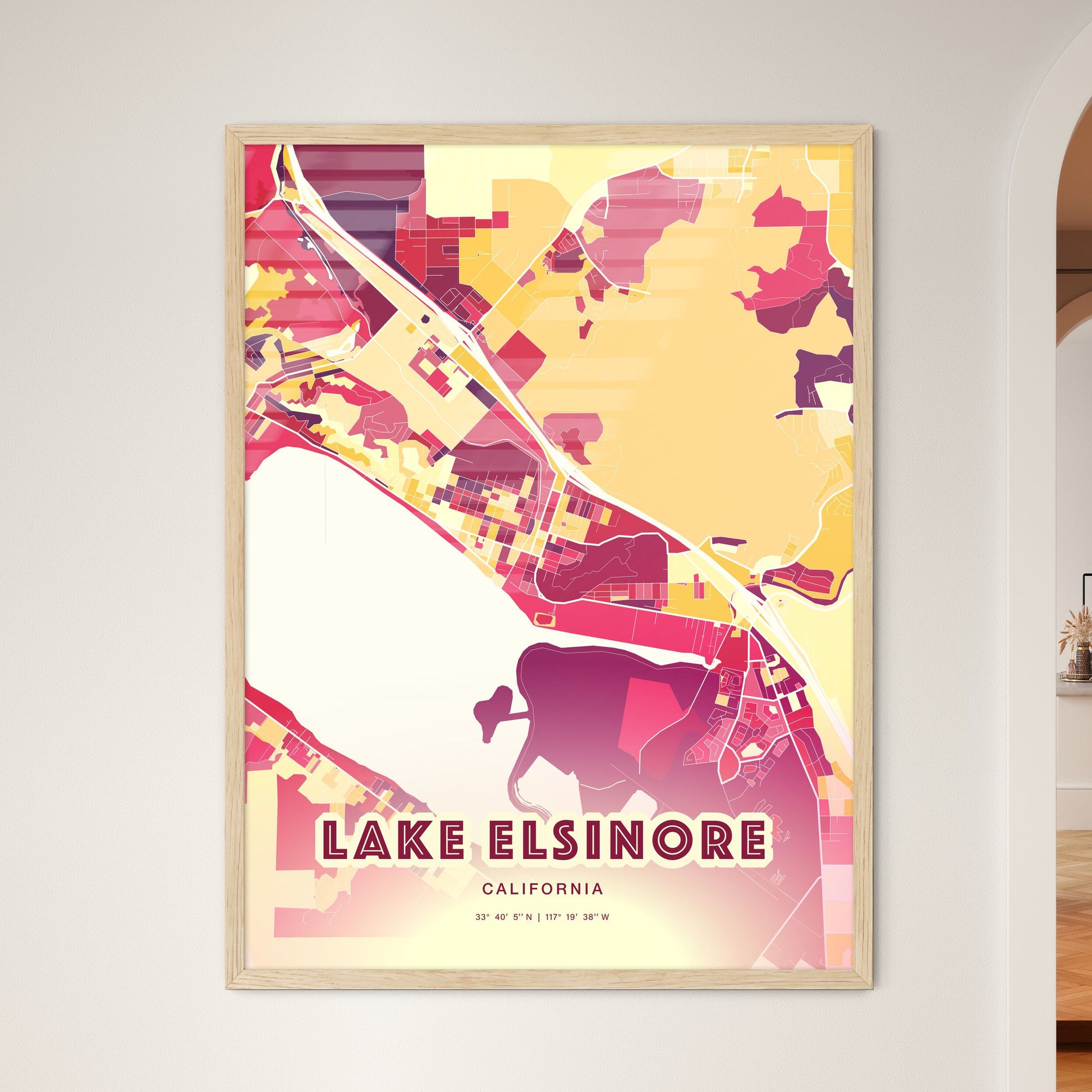 Colorful Lake Elsinore California Fine Art Map Hot Red