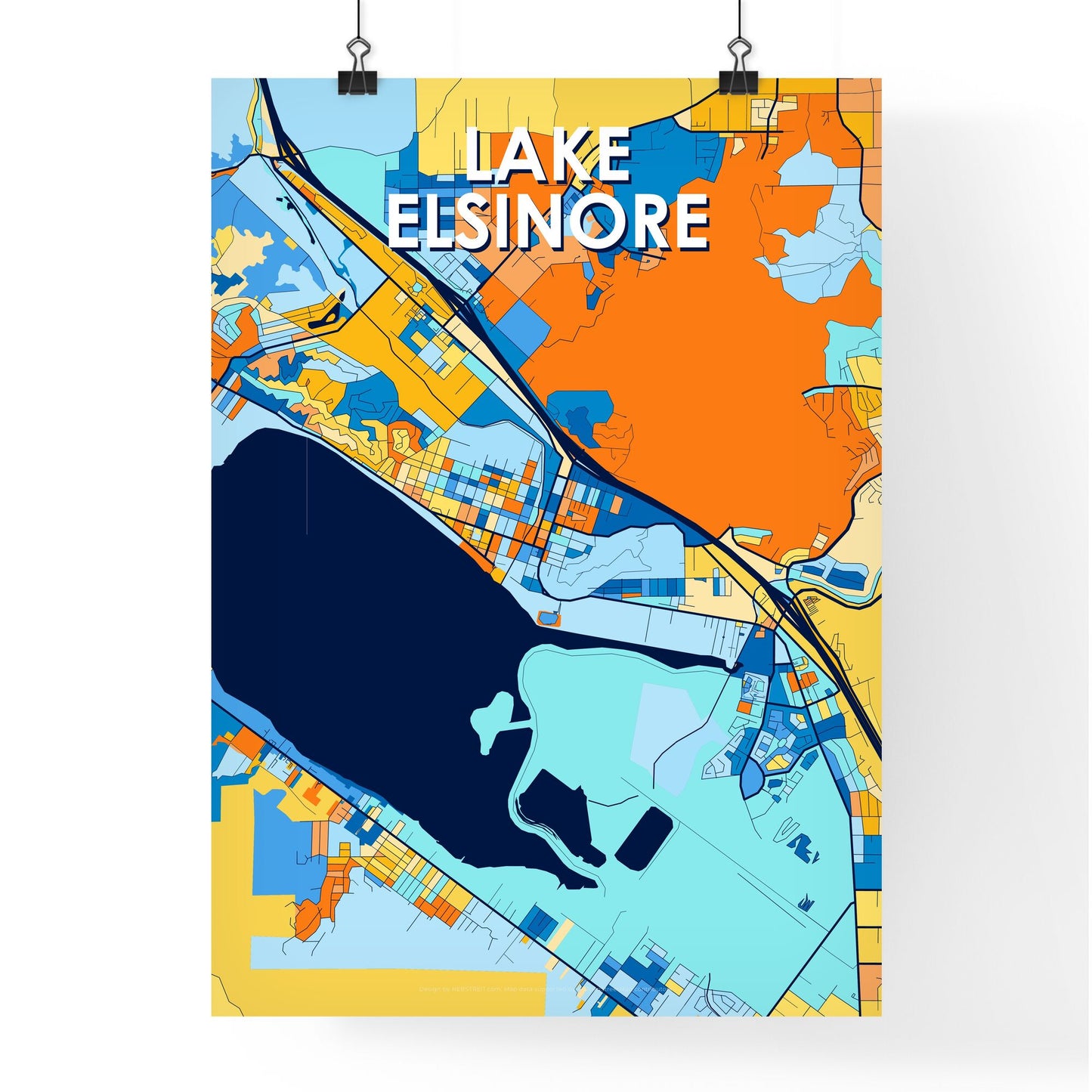 LAKE ELSINORE CALIFORNIA Vibrant Colorful Art Map Poster Blue Orange