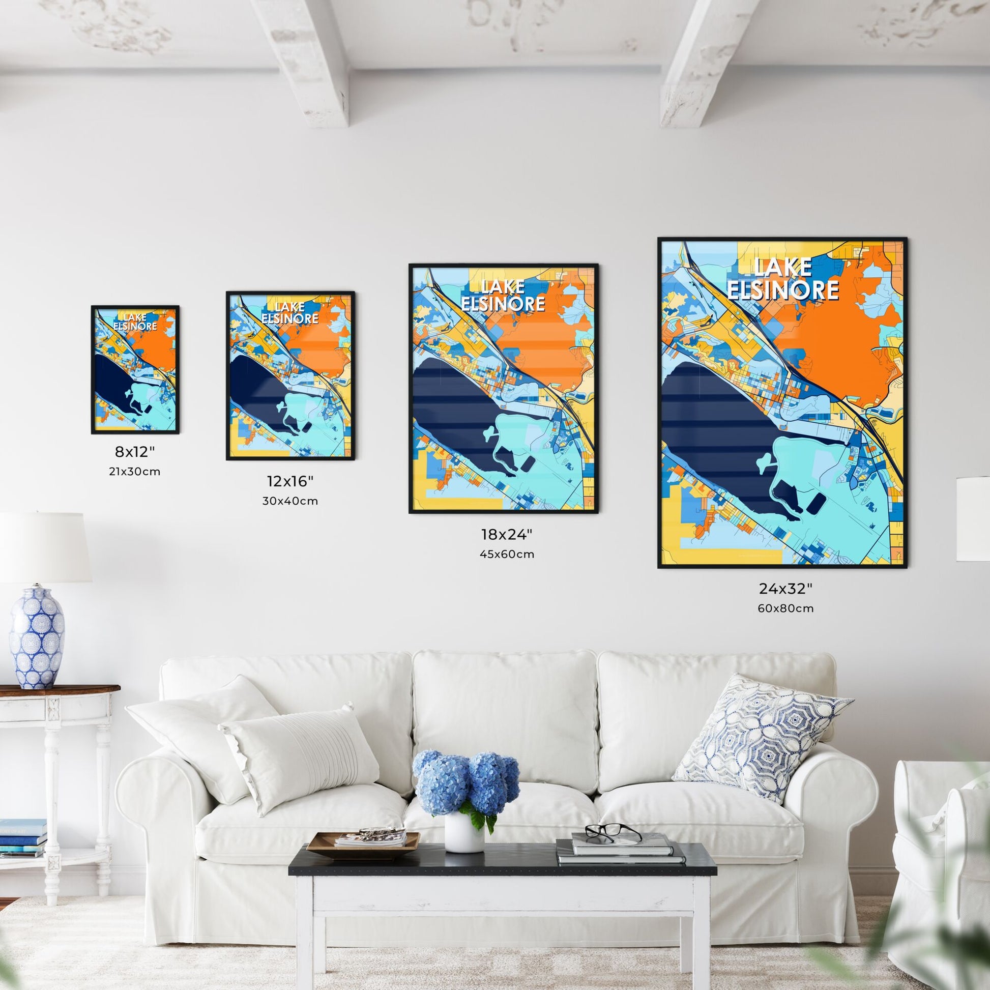 LAKE ELSINORE CALIFORNIA Vibrant Colorful Art Map Poster Blue Orange