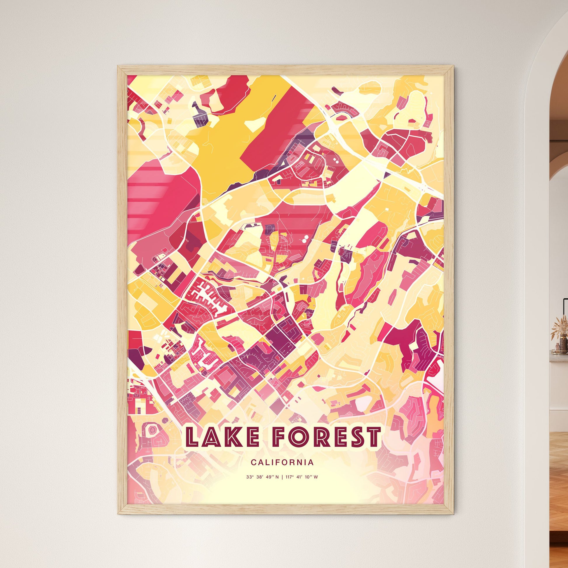 Colorful Lake Forest California Fine Art Map Hot Red