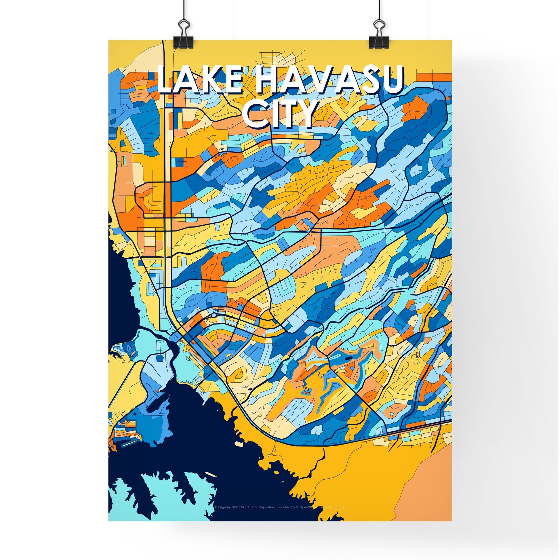 LAKE HAVASU CITY ARIZONA Vibrant Colorful Art Map Poster Blue Orange