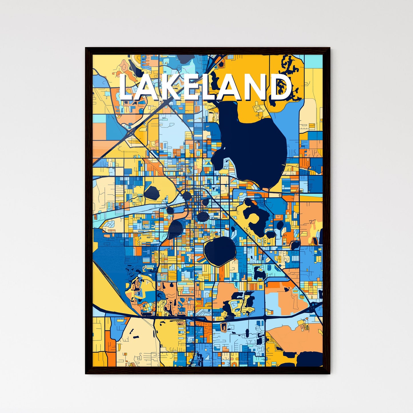 LAKELAND FLORIDA Vibrant Colorful Art Map Poster Blue Orange