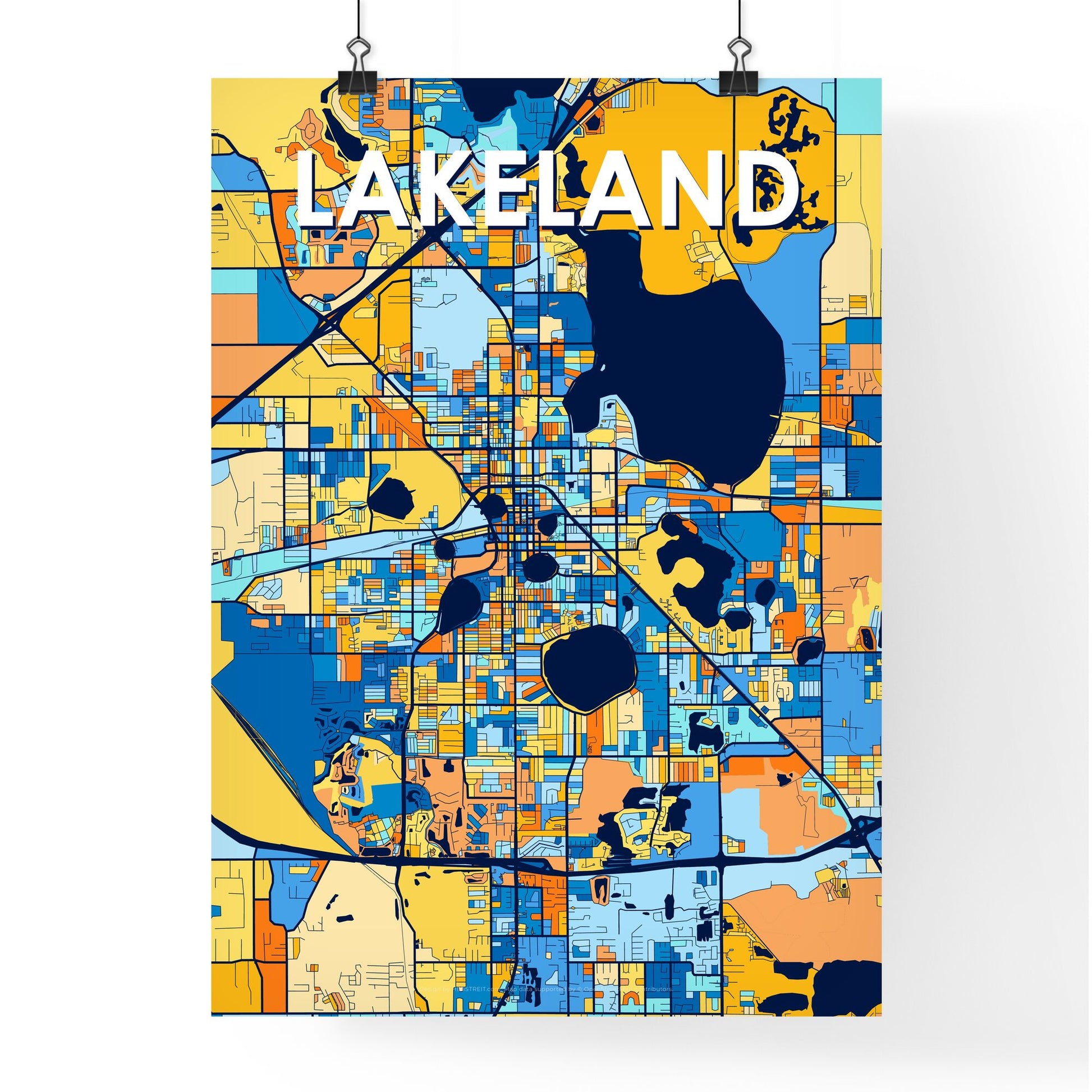 LAKELAND FLORIDA Vibrant Colorful Art Map Poster Blue Orange