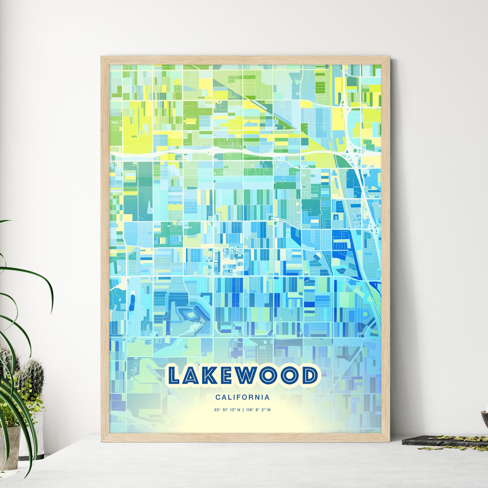 Colorful Lakewood California Fine Art Map Cool Blue