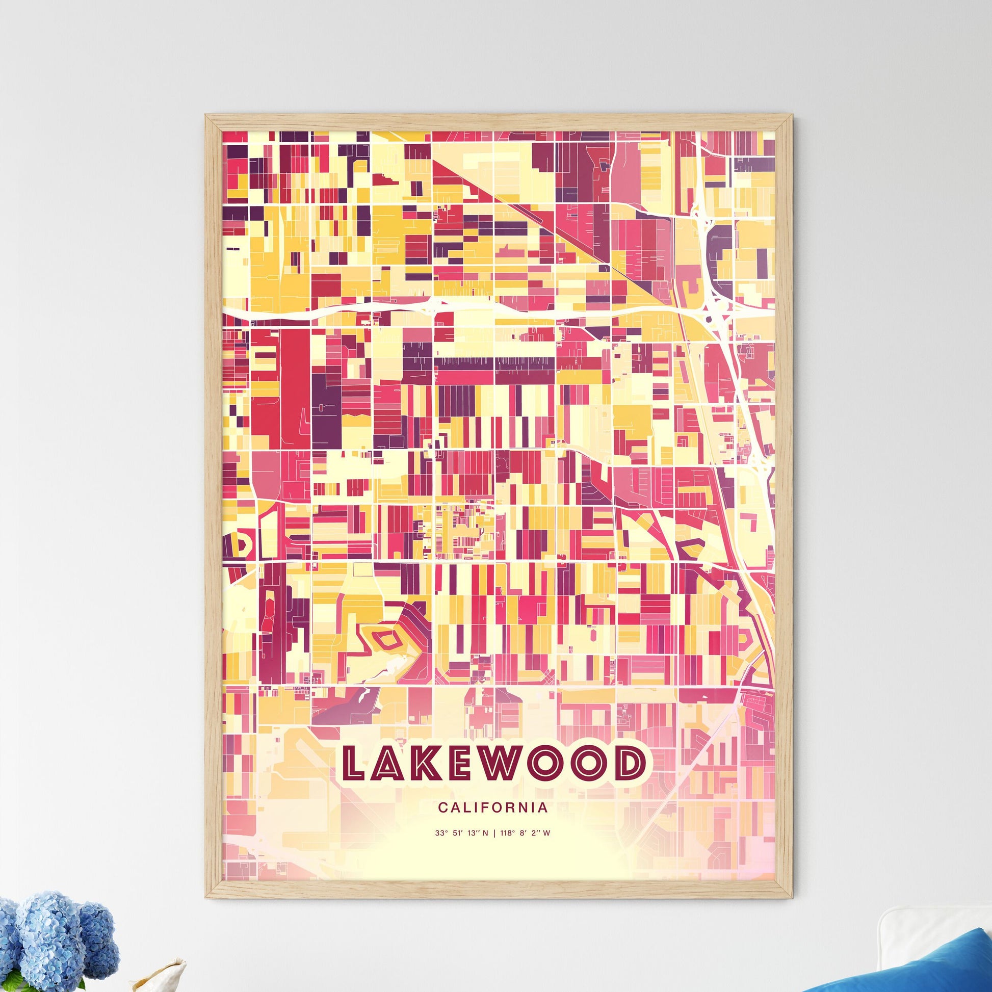 Colorful Lakewood California Fine Art Map Hot Red