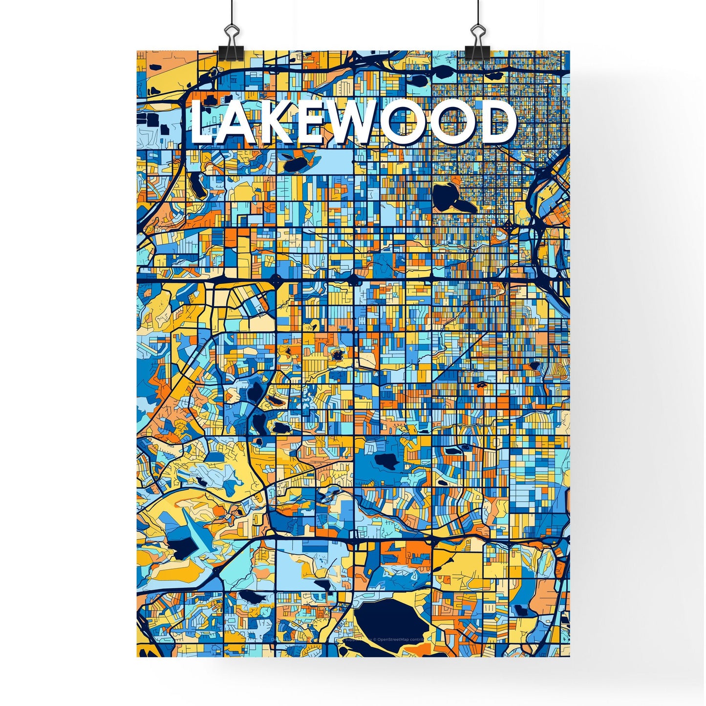 LAKEWOOD COLORADO Vibrant Colorful Art Map Poster Blue Orange