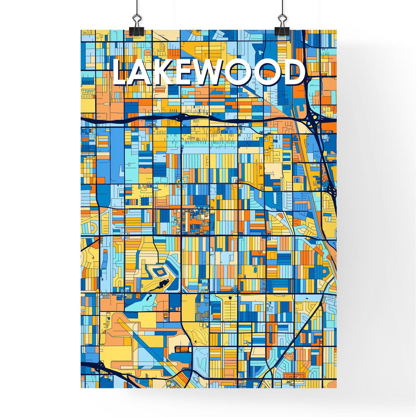 LAKEWOOD CALIFORNIA Vibrant Colorful Art Map Poster Blue Orange