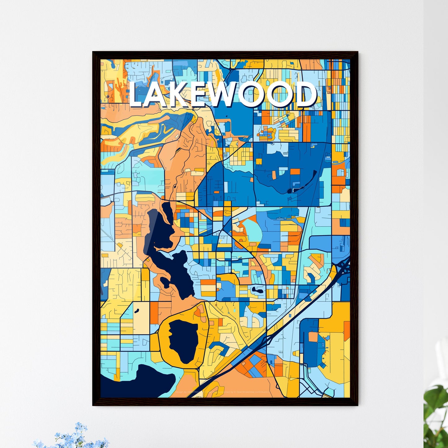 LAKEWOOD WASHINGTON Vibrant Colorful Art Map Poster Blue Orange