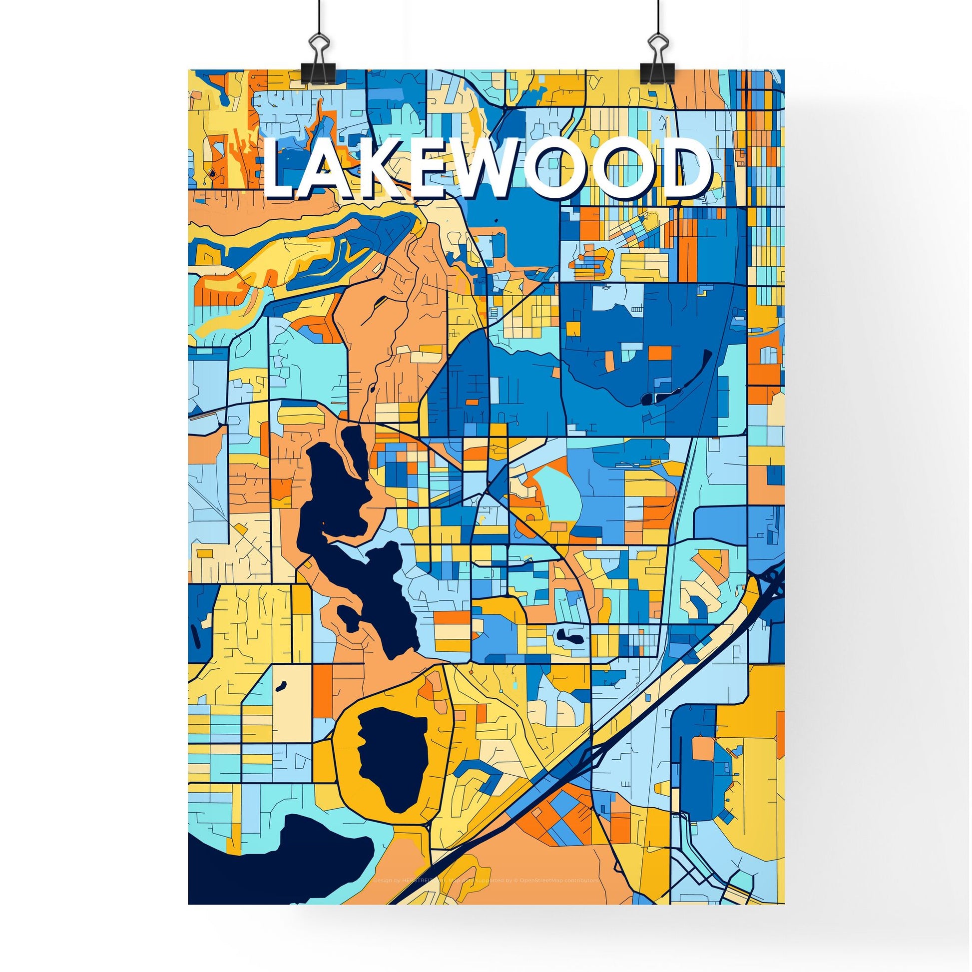 LAKEWOOD WASHINGTON Vibrant Colorful Art Map Poster Blue Orange