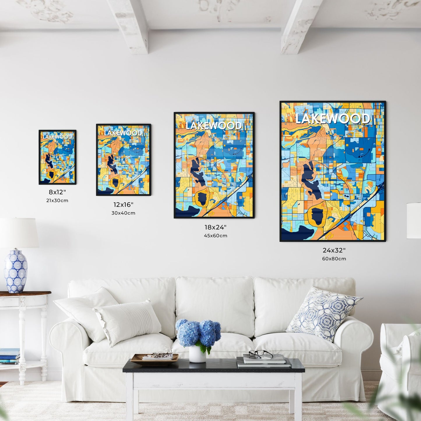 LAKEWOOD WASHINGTON Vibrant Colorful Art Map Poster Blue Orange