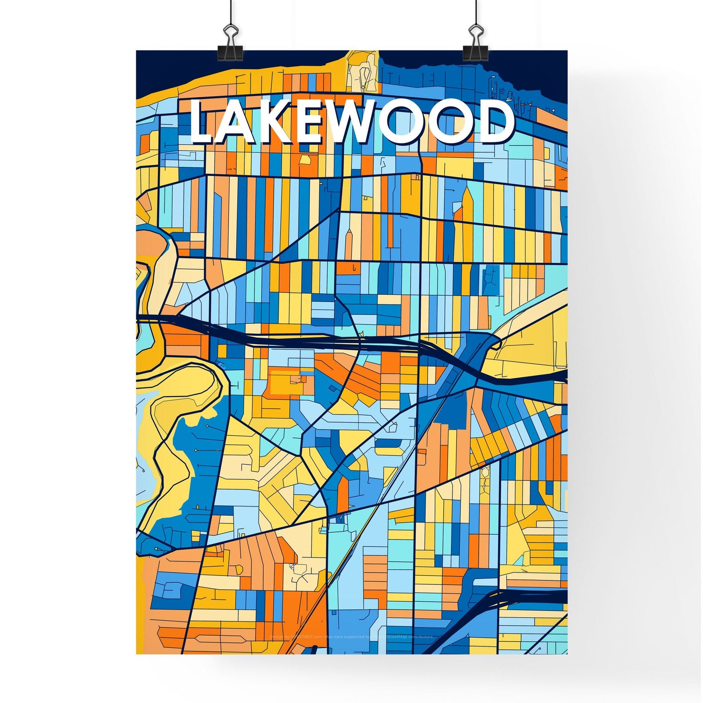 LAKEWOOD OHIO Vibrant Colorful Art Map Poster Blue Orange