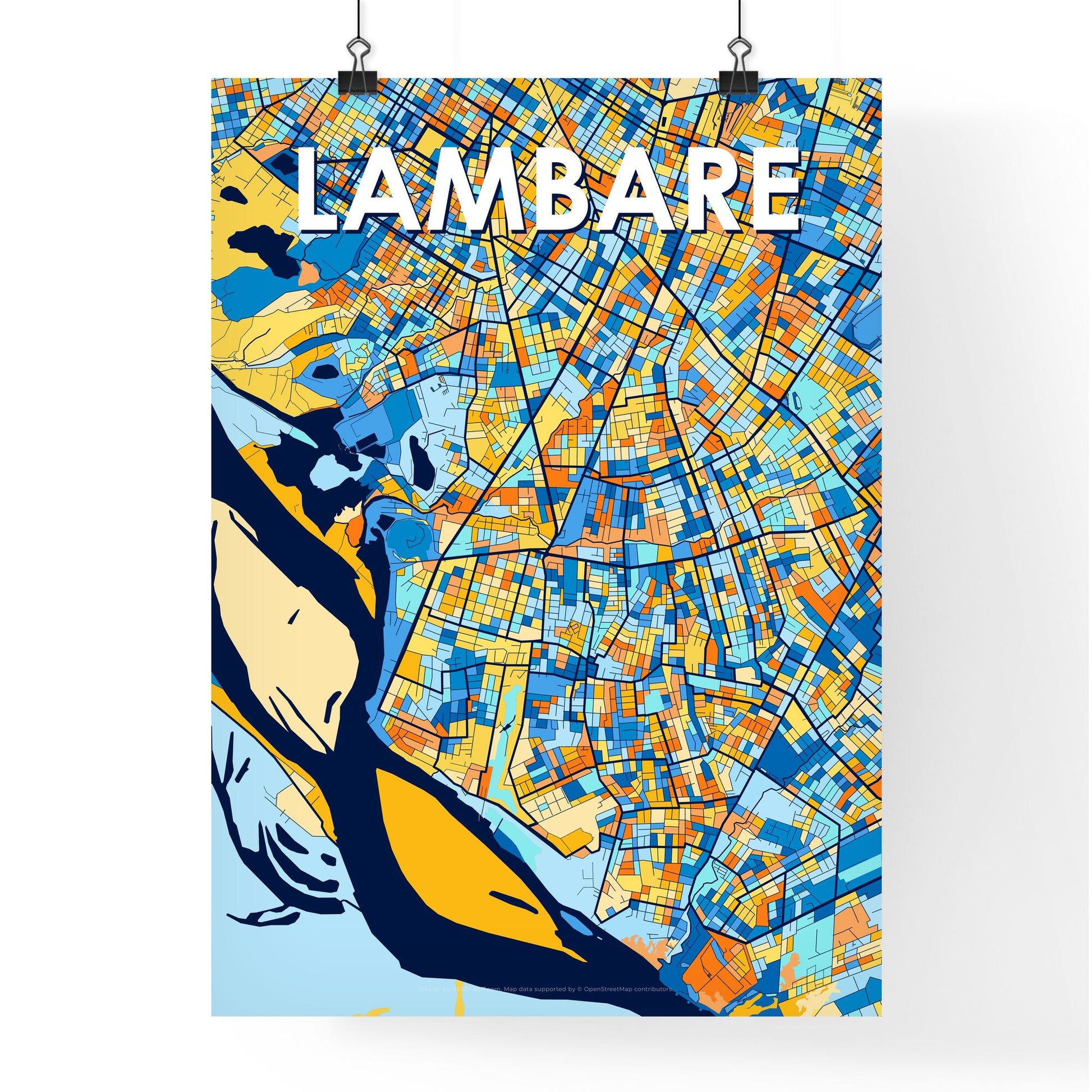 LAMBARE PARAGUAY Vibrant Colorful Art Map Poster Blue Orange