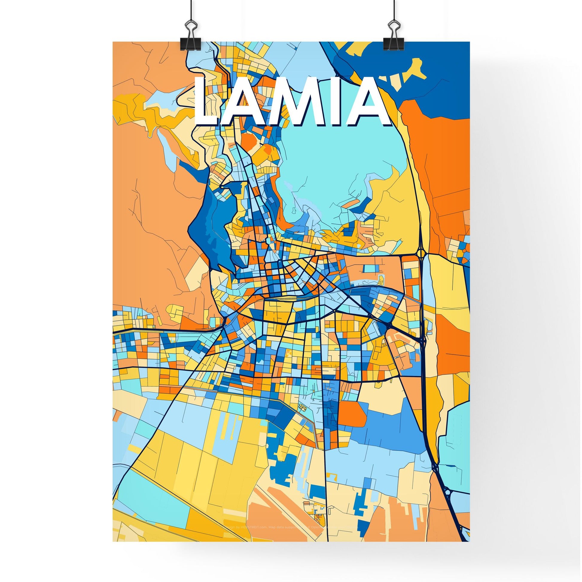 LAMIA GREECE Vibrant Colorful Art Map Poster Blue Orange