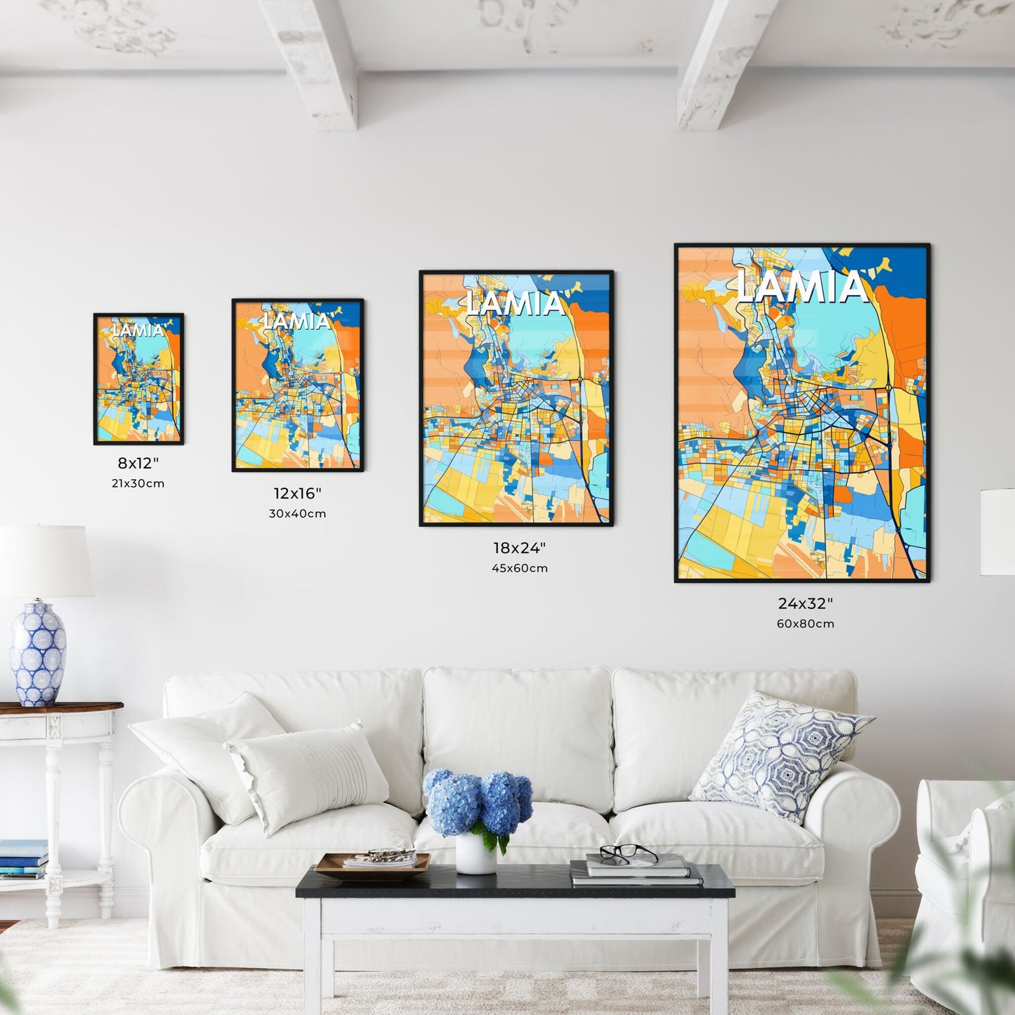 LAMIA GREECE Vibrant Colorful Art Map Poster Blue Orange