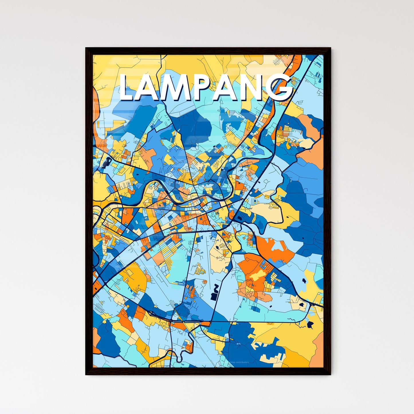 LAMPANG THAILAND Vibrant Colorful Art Map Poster Blue Orange