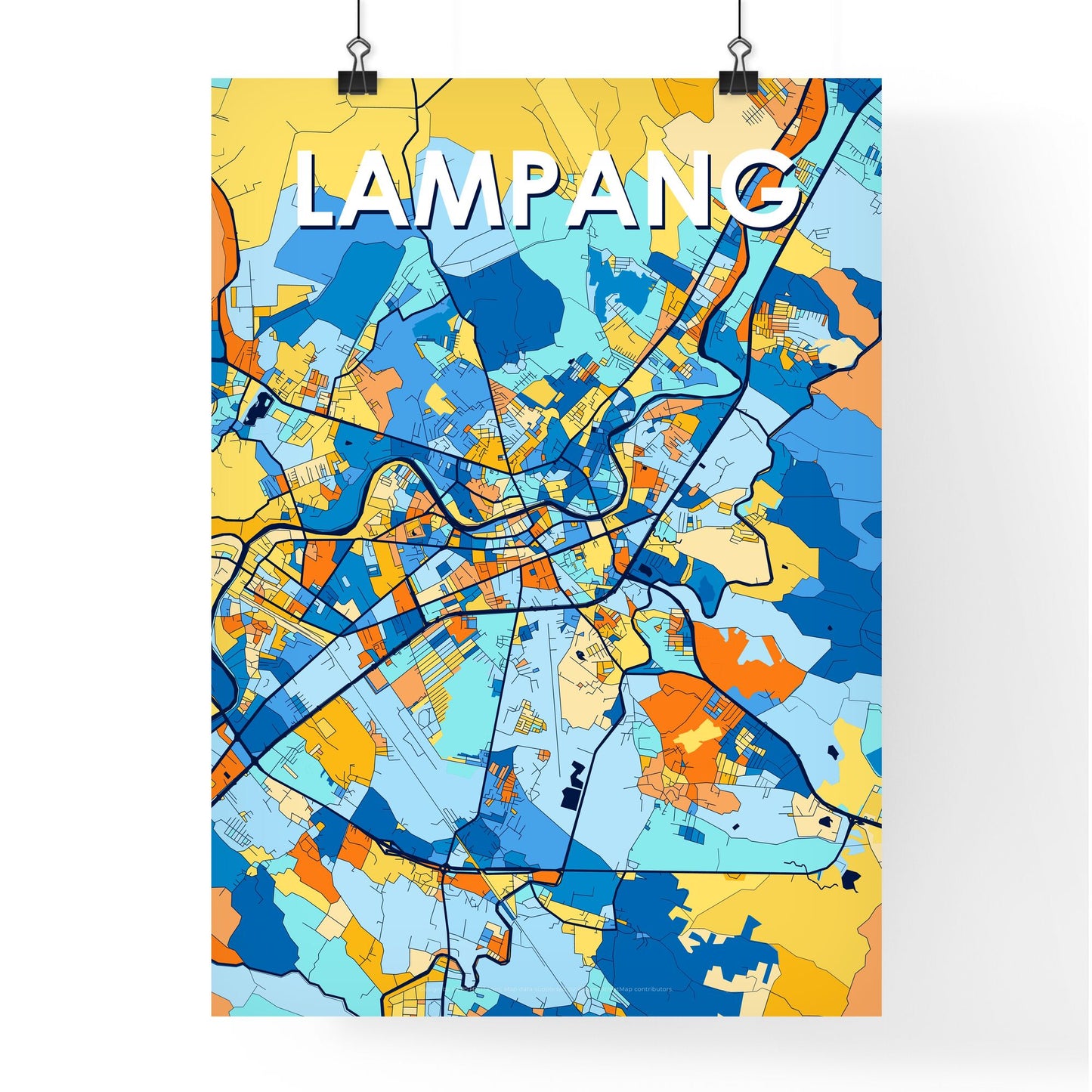 LAMPANG THAILAND Vibrant Colorful Art Map Poster Blue Orange