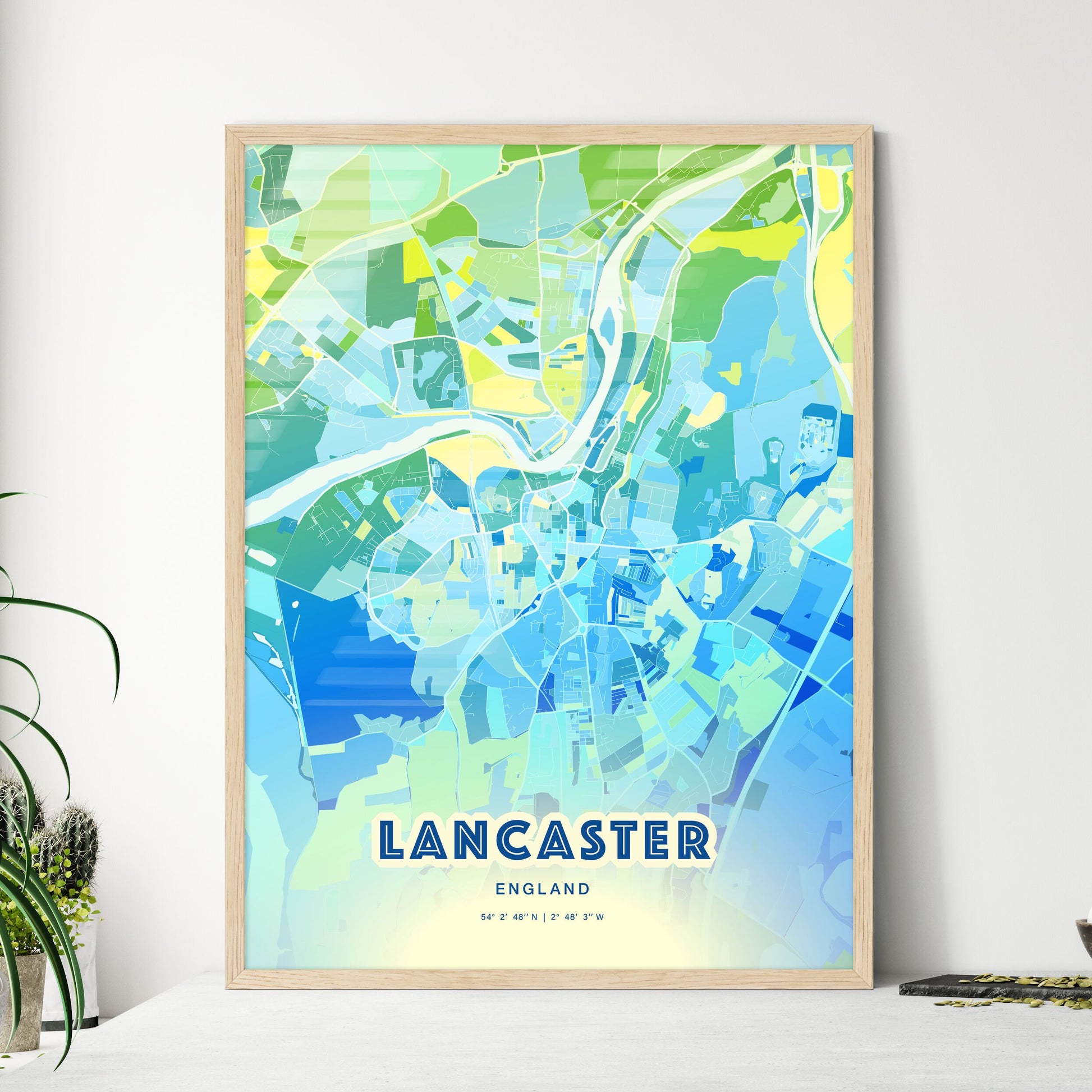 Colorful Lancaster England Fine Art Map Cool Blue