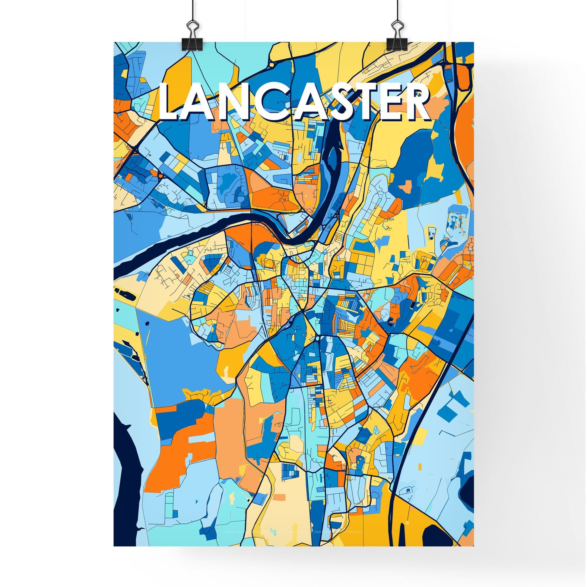 LANCASTER ENGLAND Vibrant Colorful Art Map Poster Blue Orange