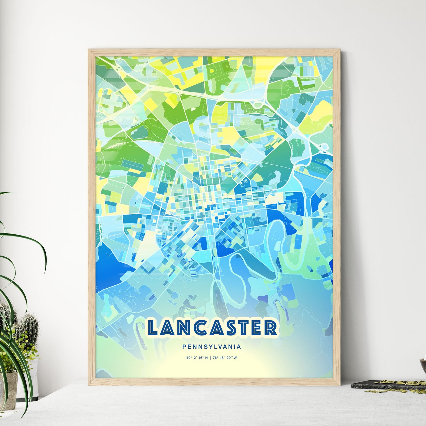 Colorful Lancaster Pennsylvania Fine Art Map Cool Blue